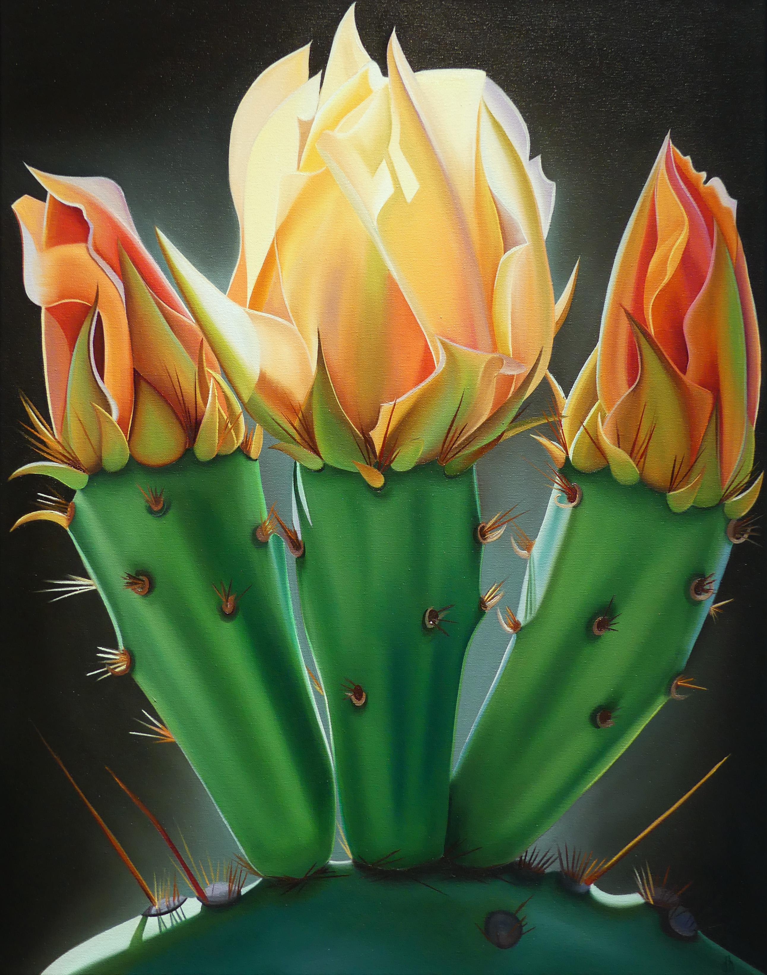 Dyana Hesson Landscape Painting - "Trifecta, Prickly Pear Bloom and Buds"