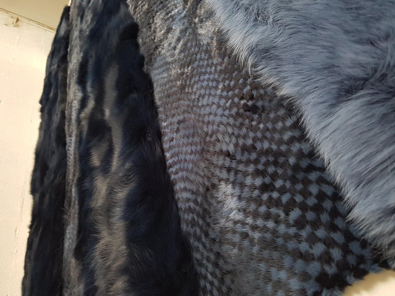 Silver Fox Rug Dyed Fox and Mink Fur Blue and Silver Rug, “Ocean Waves” at 1stDibs