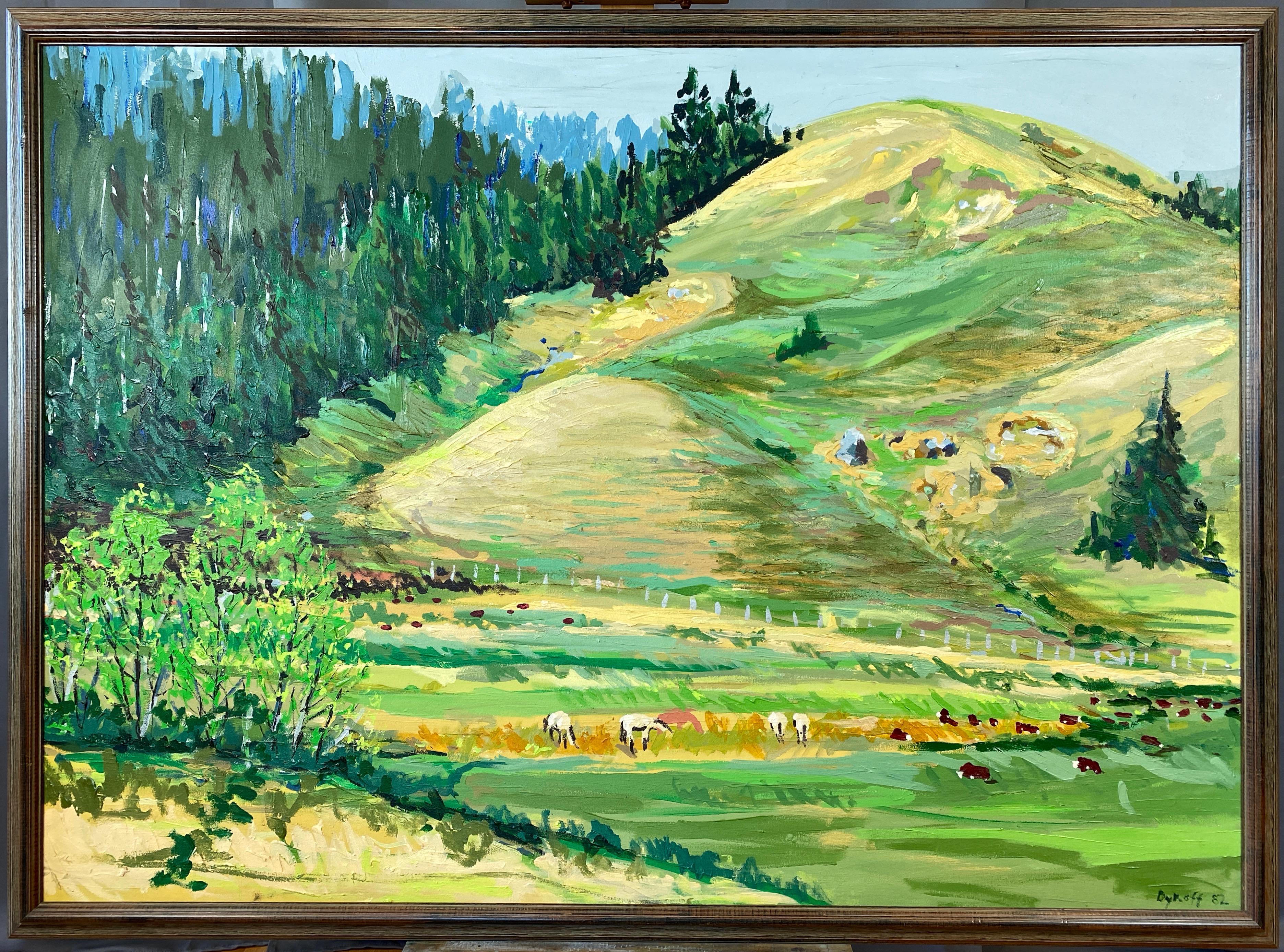 An impressively sized 1982 impressionist oil painting on canvas of a pastoral landscape by Dykoff.

Invitingly bucolic scene depicts a golden hillside and bright green pasture populated by grazing and lazing horses and cows bordered by a dense dark