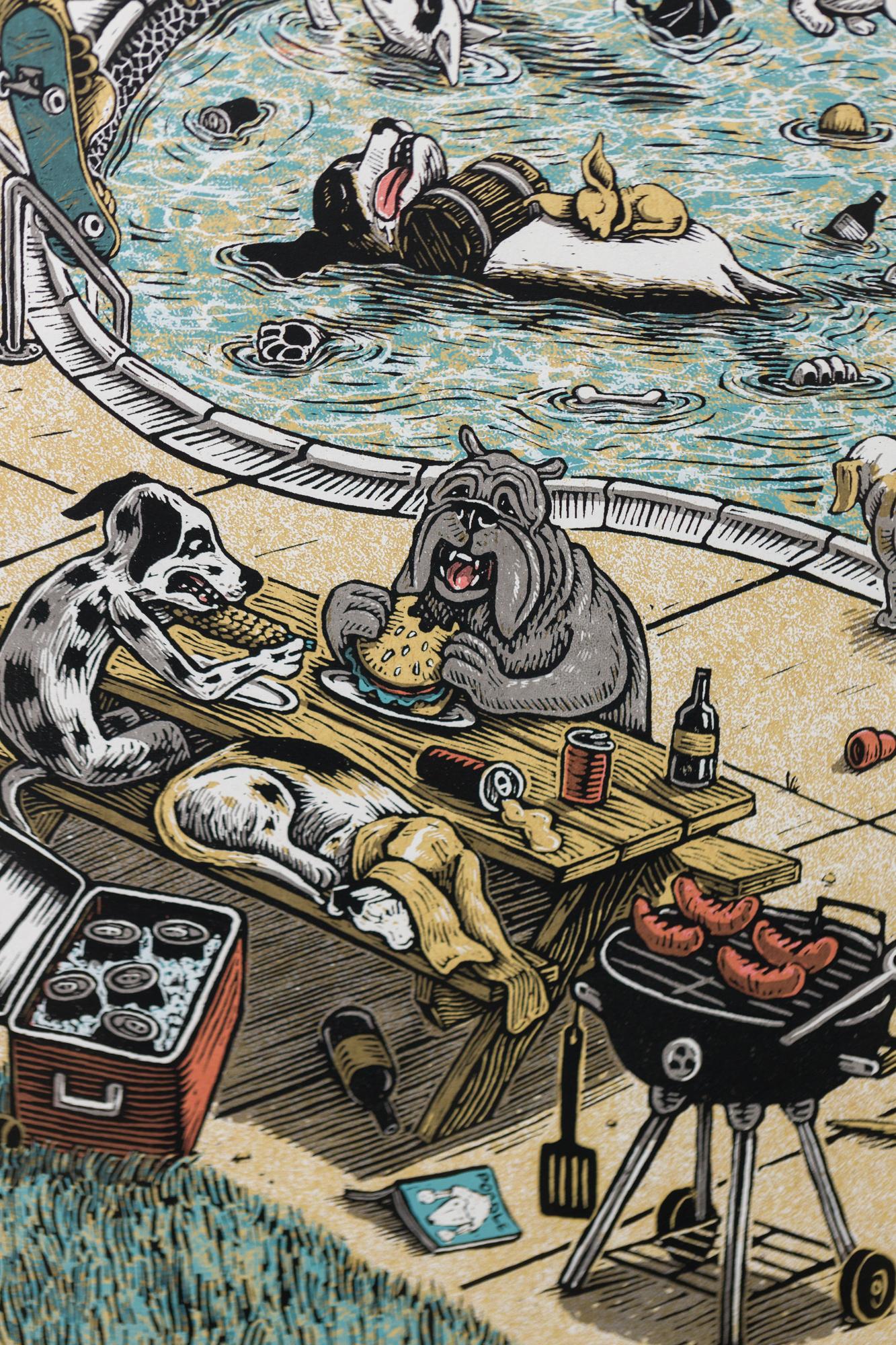 „Pool Party 2023“, Hundemotiv, Gartenszene, Siebdruck, Siebdruck (Zeitgenössisch), Print, von Dylan Goldberger