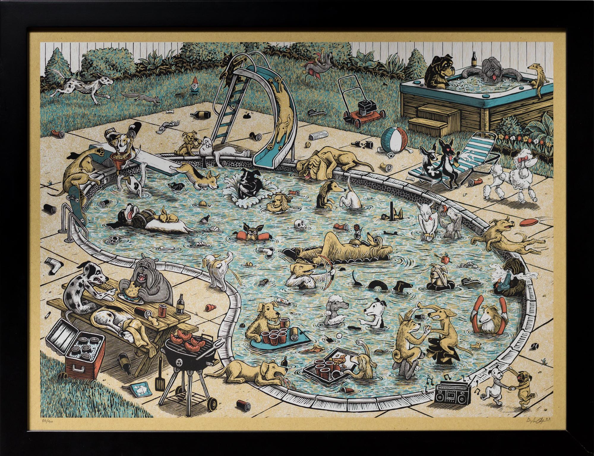 Dylan Goldberger Figurative Print - "Pool Party 2023", Dog Motif, Backyard Scene, Screen Print