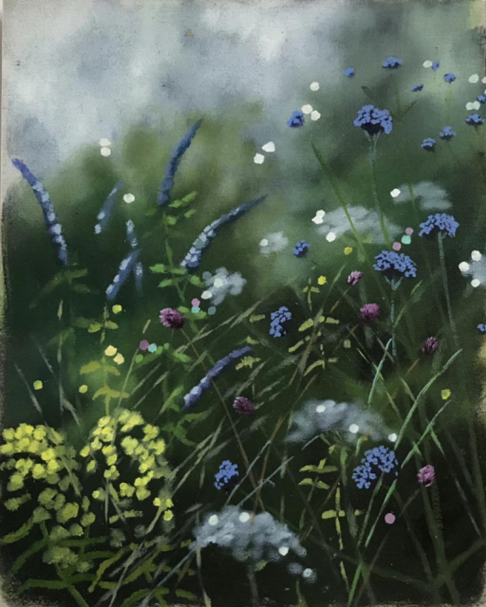 A Diptych of flowers by Dylan Lloyd with beautiful hues of blues, mauves, yellows, whites and greens.

ADDITIONAL INFORMATION:
Original Oil Painting by Dylan Lloyd
Oil Paint on Board

Complete size of framed work: 70 H x 80 W x 3.5 D cm (27.56 x