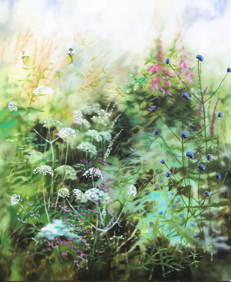 Dittico di Bordo del giardino e Altezza dell'estate III, Quadro originale, Paesaggio - Landscape Painting Grigio di Dylan Lloyd