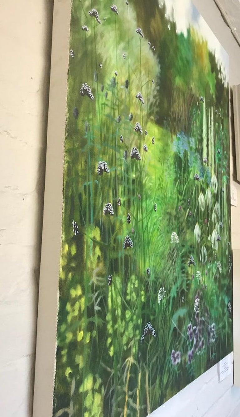 A realistic painting of a summer garden in Dorset by the painter, Dylan Lloyd. 

“The Dorset summer garden paintings are a response partly to my emerging garden on the Isle of Portland
planted a year ago and elements of gardens I have visited this
