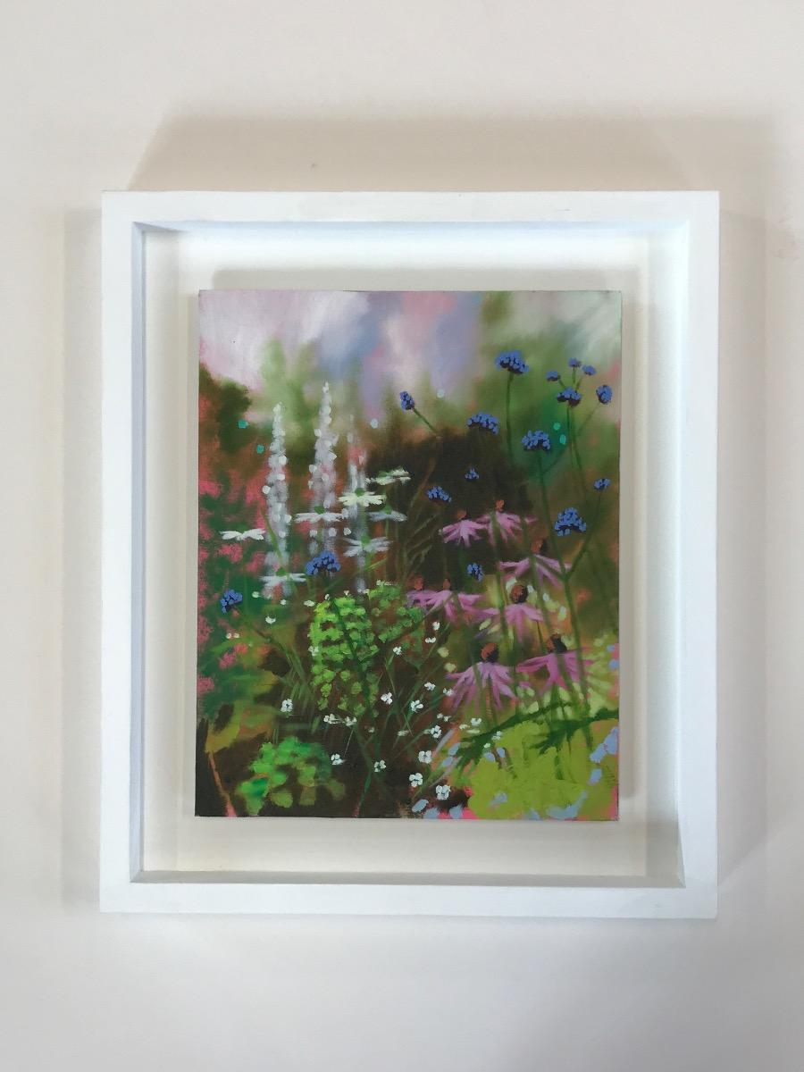  Garden Study 2022 is an original macro style realist painting by Dylan Lloyd, presenting a close up view of a wild garden in bloom. With beautiful blue purple and white flowers dotted around the foreground and a hazy blue background.

ADDITIONAL