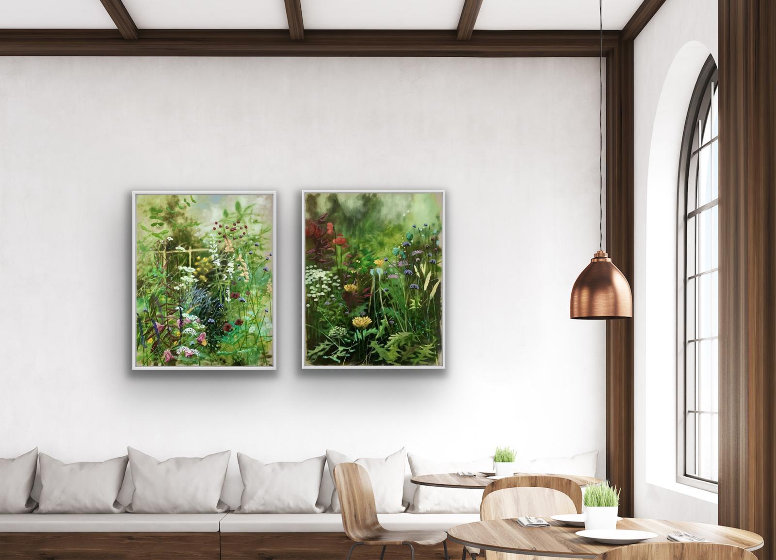 Série River Cottage (grande) et Diptyque Hampshire Garden II, peinture originale - Gris Landscape Painting par Dylan Lloyd
