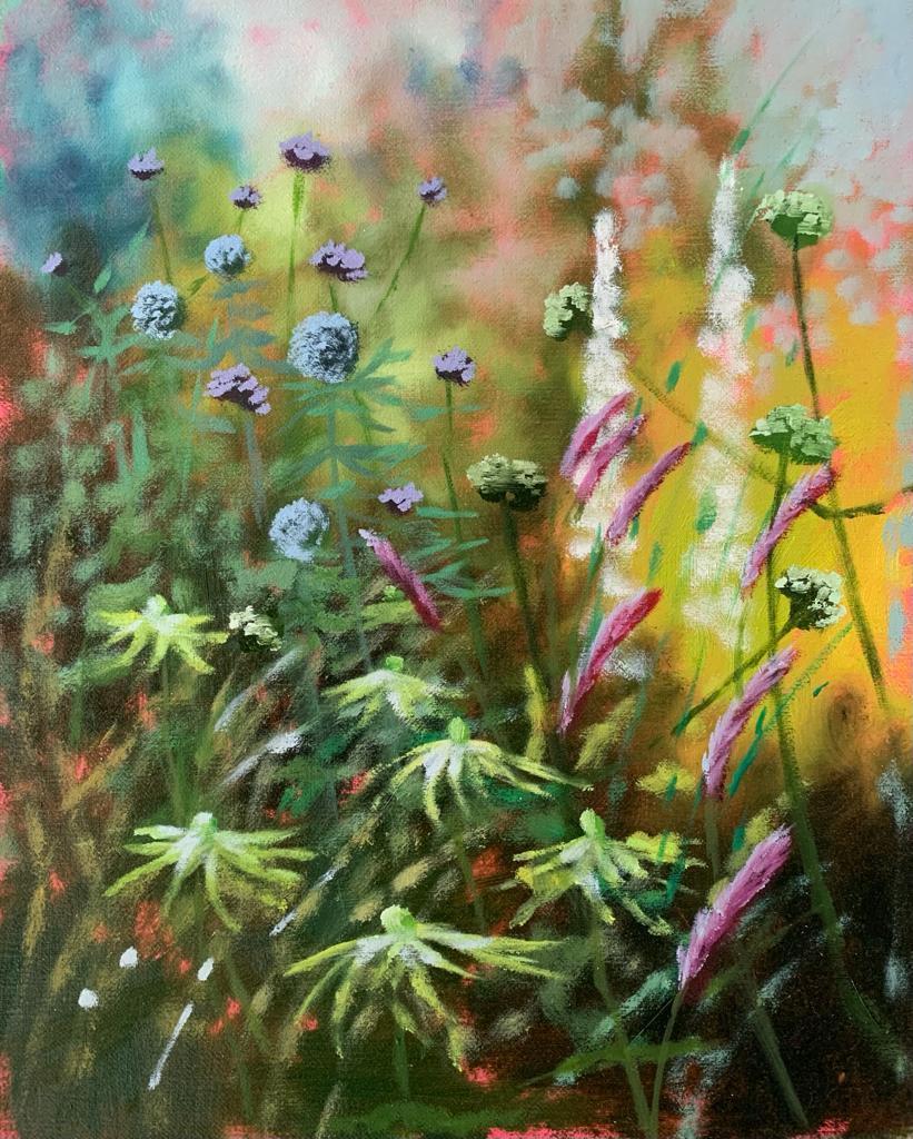 Jardín de verano X, Pintura de paisajes coloridos, Arte hortícola y de jardín