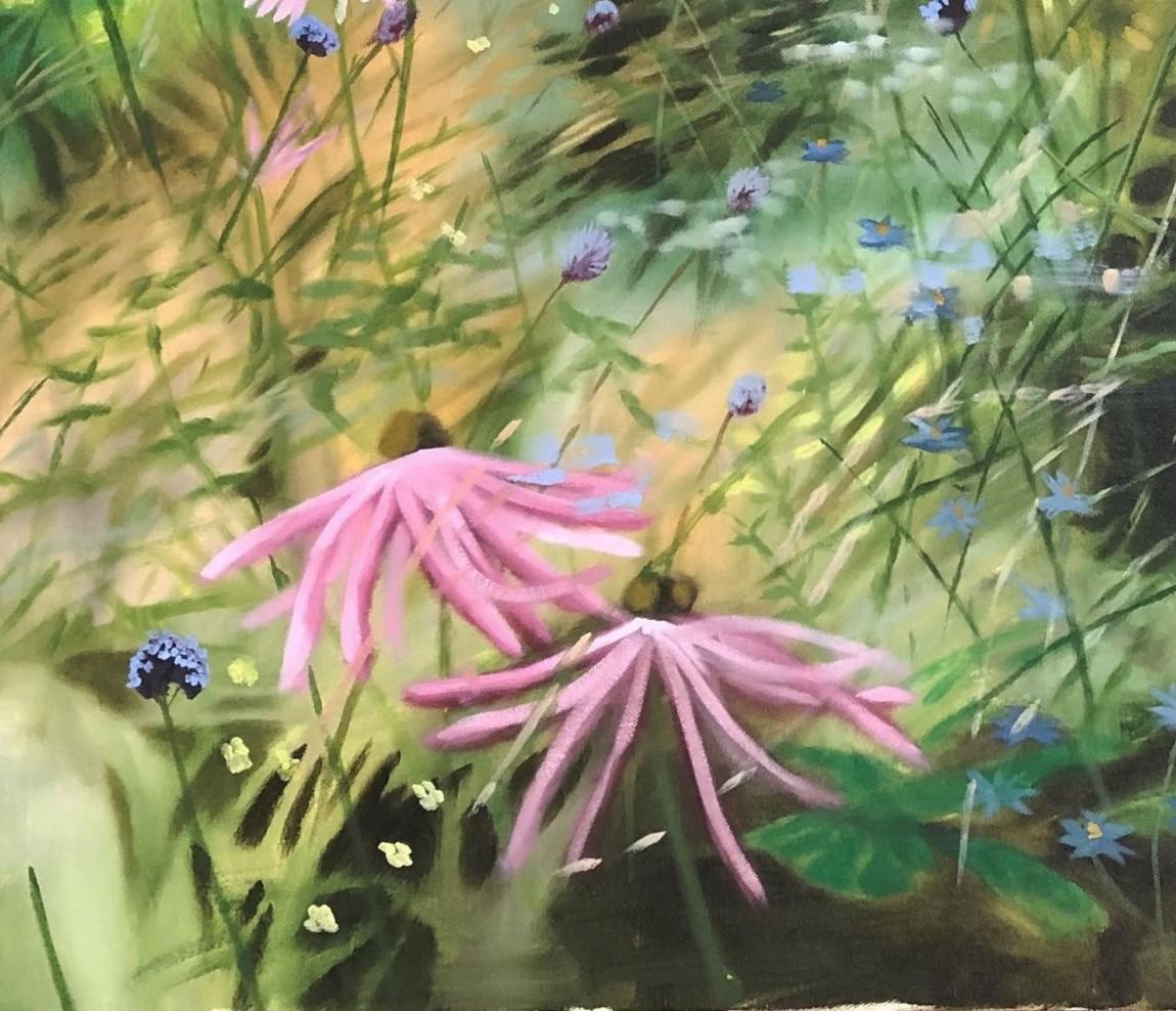 Hauteur d'été III, peinture originale, art floral, art botanique, rose fleur sauvage - Gris Figurative Painting par Dylan Loyd 