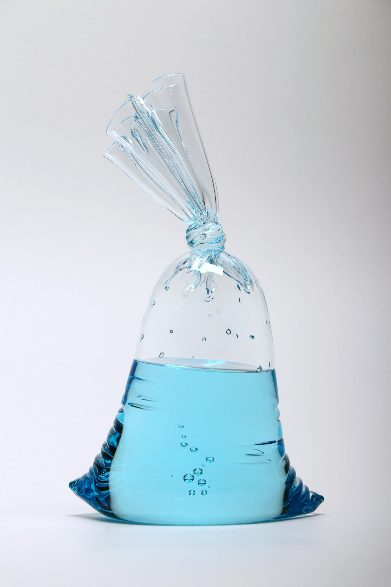 Blue Glass Water Bag Trio - Hyperreal glass sculpture installation - Contemporary Sculpture by Dylan Martinez