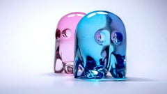 Pair of Small Pink & Blue Glass Pac-Man Ghost Glass Sculptures