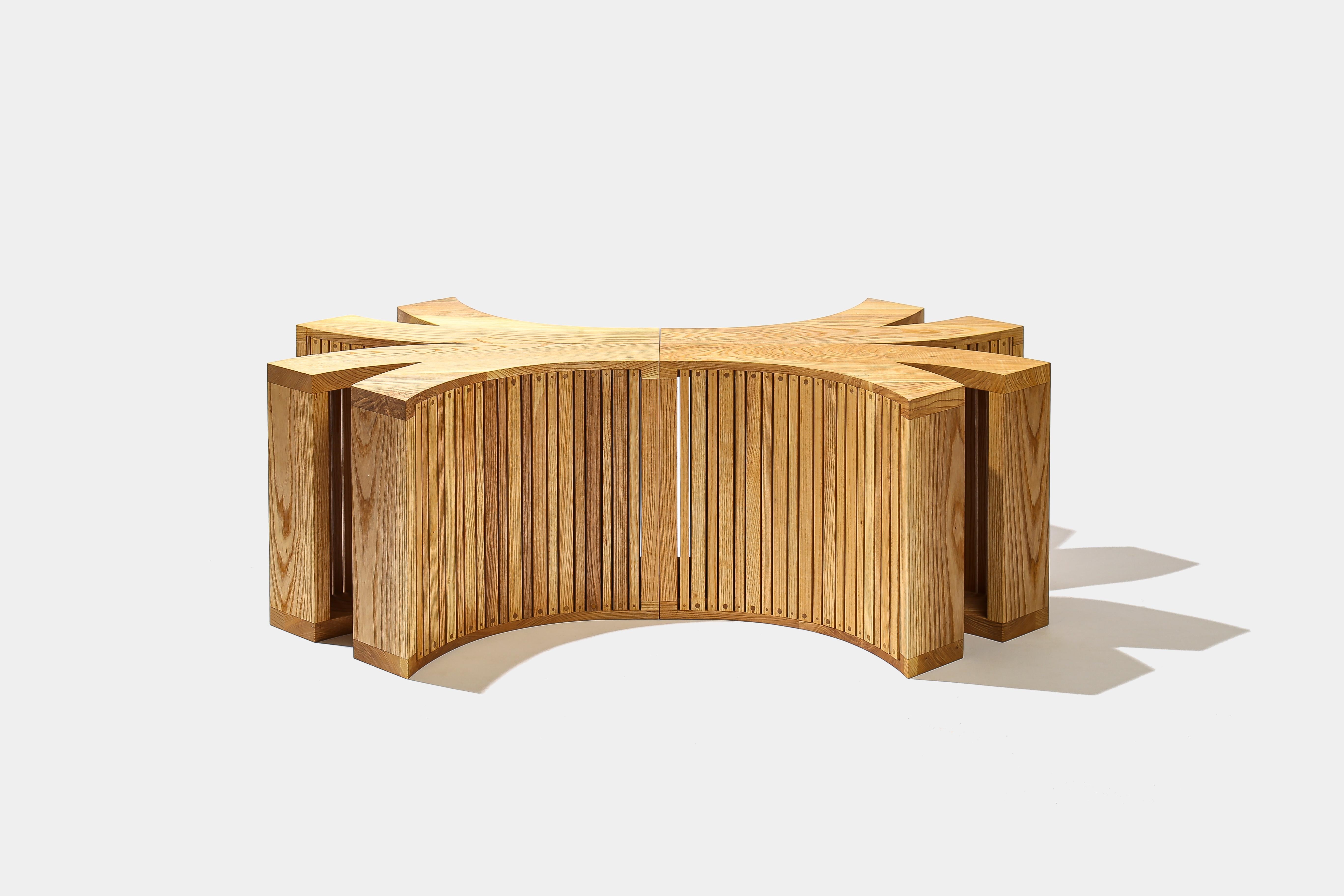 Slatted Ash Stools were designed in collaboration with Alex Sowinski (of BadBadNotGood) in 2019. This set was conceived to accompany a live performance of BadBadNotGood at Dylan Moore's studio in Toronto. They were lit up from the inside