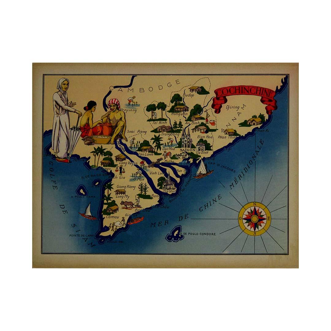1943 original illustrated map of Cochinchine by Dylbert For Sale 1
