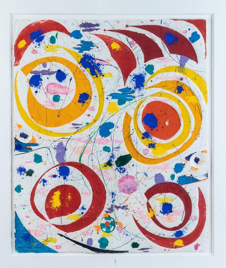 Ohne Titel, 1981, Monotypie mit Prägung auf Büttenpapier. Geschaffen am Institute of Experimental Printmaking von dem gefeierten amerikanischen Künstler Sam Francis (1923-1994). Der Stempel des Sam Francis Estate und ein Faksimile-Signaturstempel