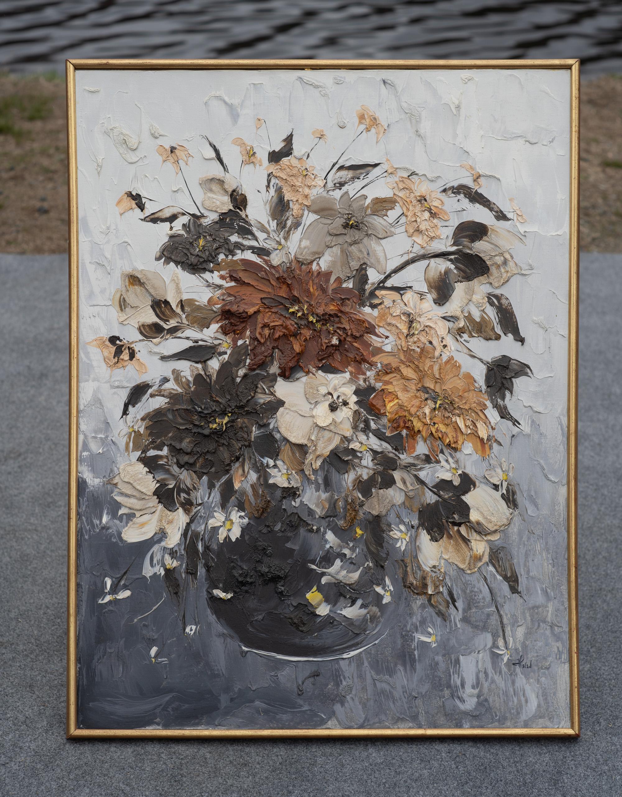 Dipinto negli Stati Uniti intorno agli anni '70, questo quadro è caratterizzato da grandi tonalità di colore: arancione bruciato, arancione pallido, bianco sporco e grigio su uno sfondo di blu scuro e bianco. Dipinto in stile impasto, ogni tratto ha