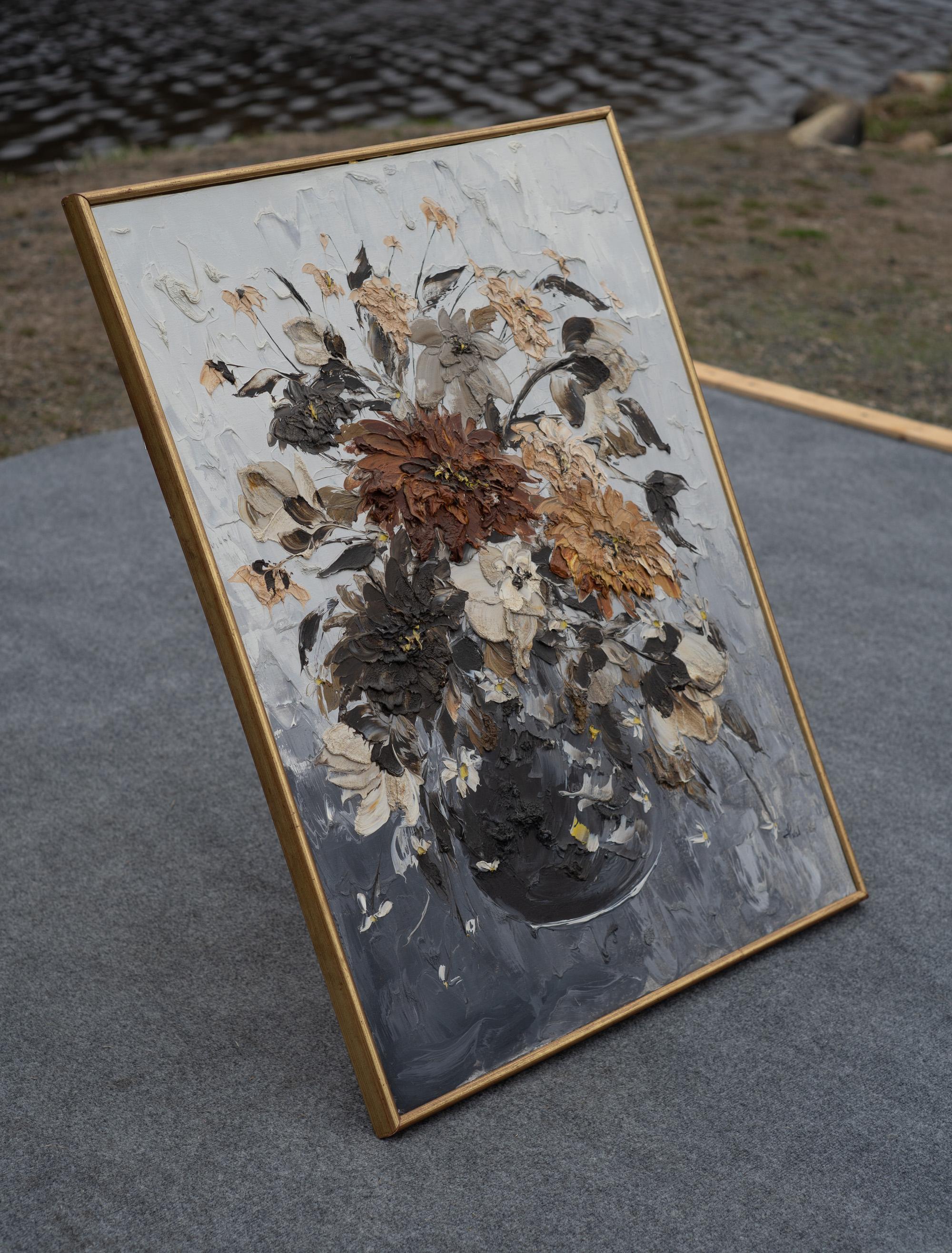Mid-Century moderno Quadro dinamico astratto ad impasto Still-Life Flowers, firmato dall'artista, 40x30 in vendita