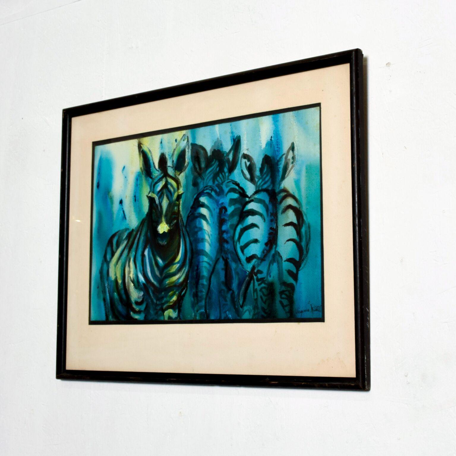 Calming blue abstract Zebras in watercolor and or gouache on paper, signed Virginia P
We are unable to decipher complete signature.
25 H x 27.5 x .75Thick (frame), Art 14 x 21
Original preowned unrestored vintage condition. Mat shows light