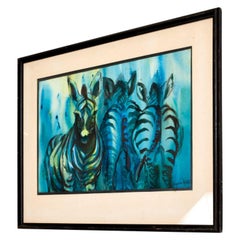 1970s Soothing Blue Zebra Watercolor Abstract Gouache Painting, Signed