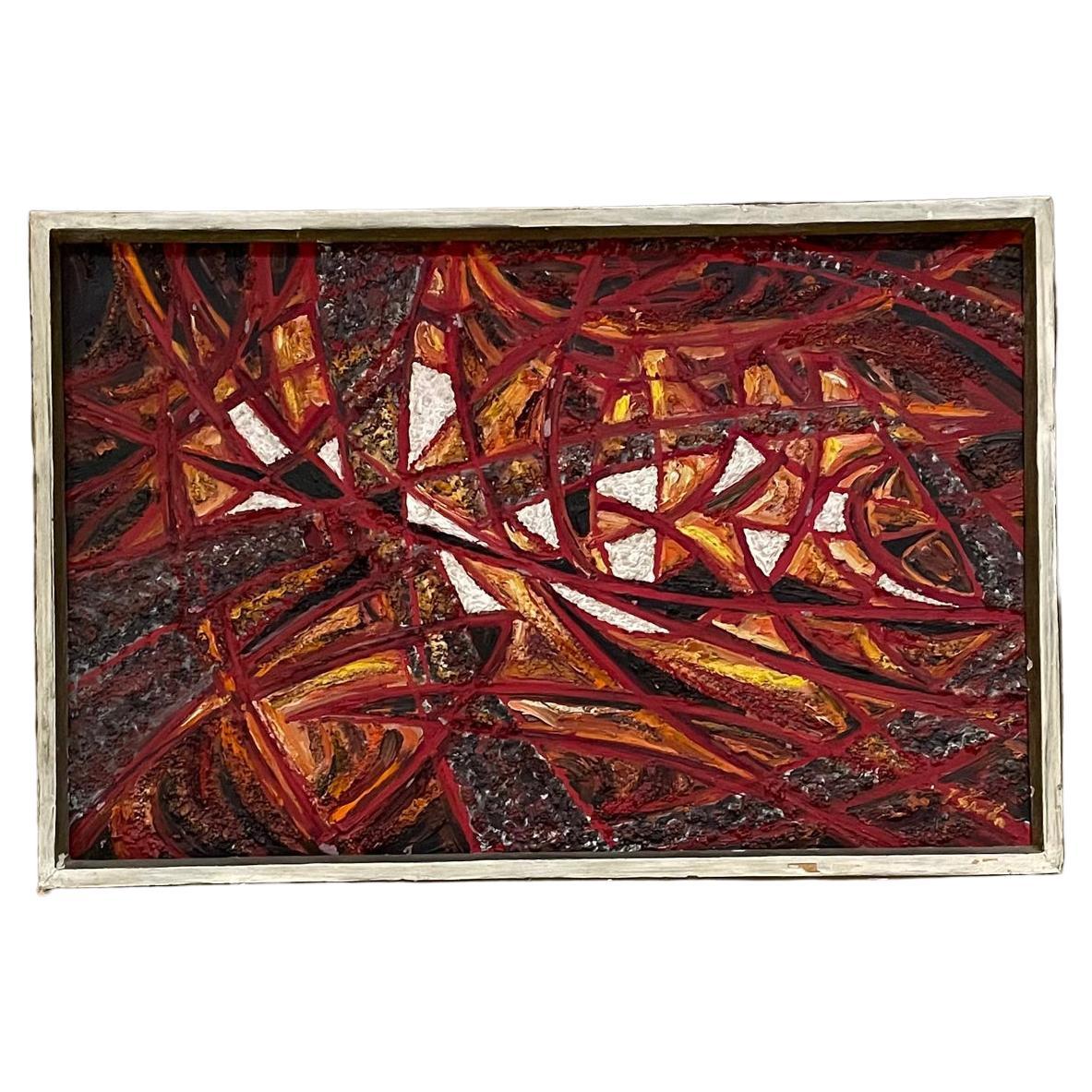 Dynamic Burnt Red Abstract European Oil on Canvas Painting Signed 1966