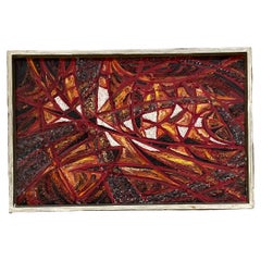 Vintage Dynamic Burnt Red Abstract European Oil on Canvas Painting Signed 1966