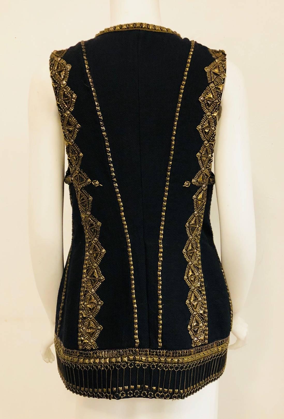 Women's Dynamic Dries van Noten Black Wool and Cotton Metal Embellished Vest Jacket