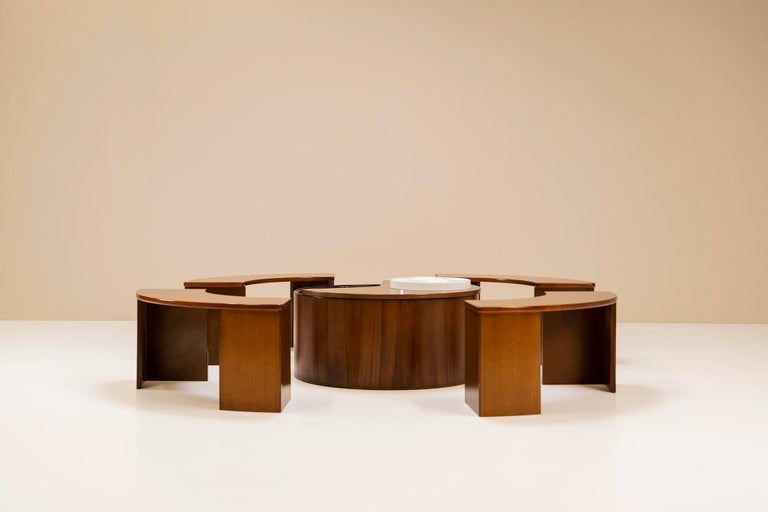 What we have here is a piece of groovy Italian design from the 1970s in the form of a stylish bar set. This consists of four benches with walnut veneer that are beautifully finished with a modest lacquer. The benches are curved and that invites you