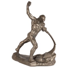 Sculpture masculine nue soviétique dynamique du début du 20e siècle en bronze