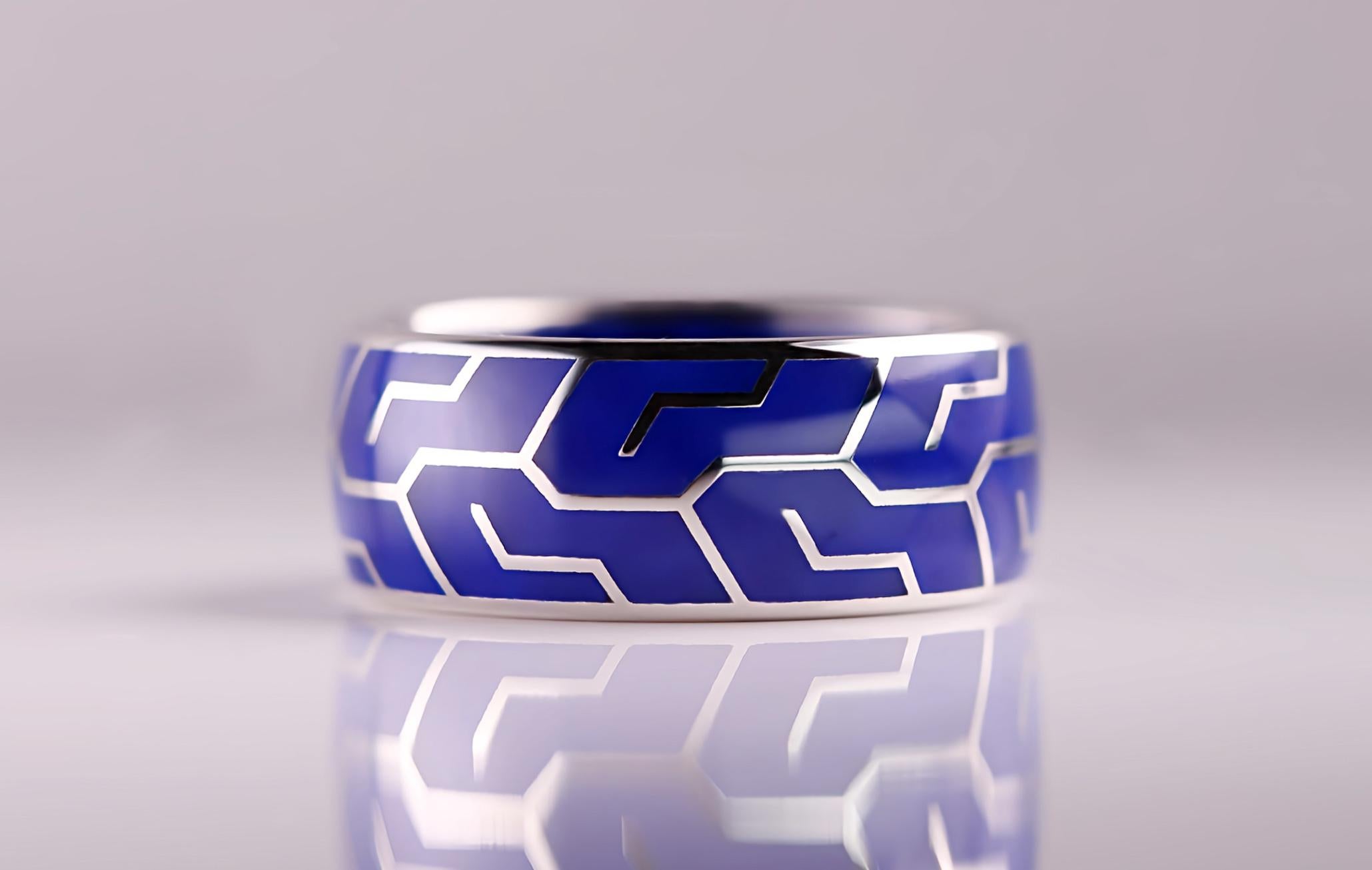 Women's or Men's Dynamic Fusion: Platinum & High-Tech Blue Ceramic Men's Ring For Sale