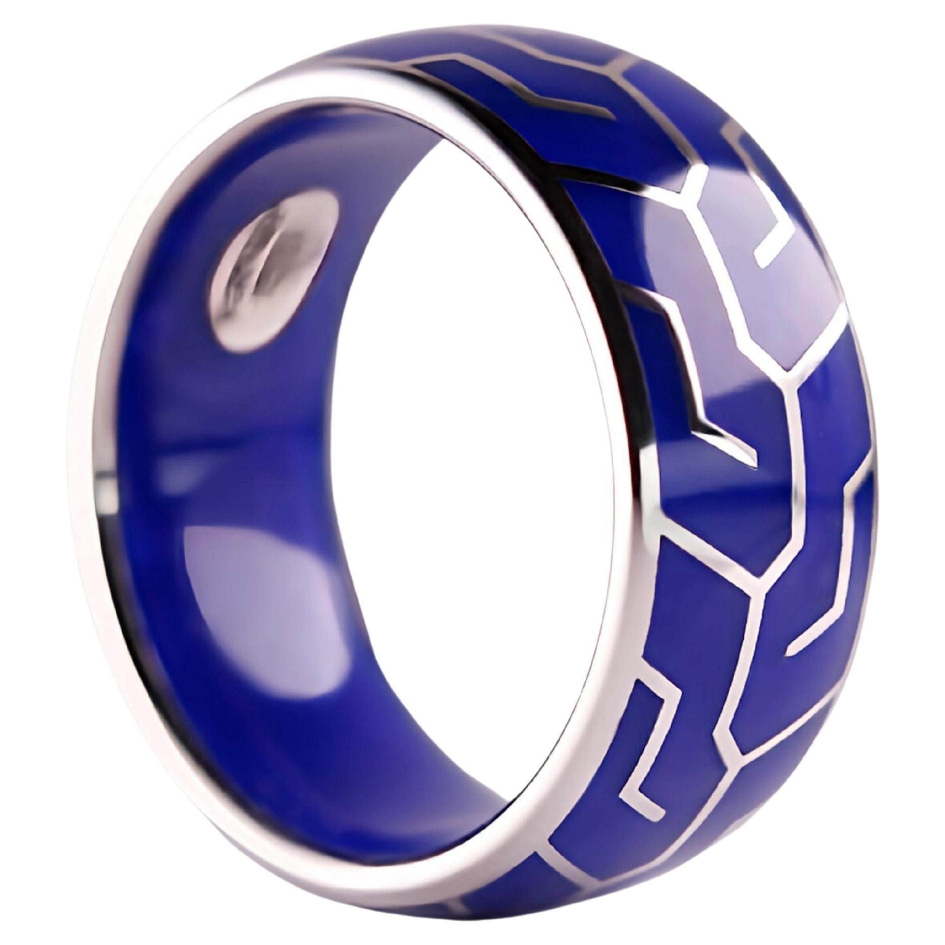 Dynamic Fusion: Platinum & High-Tech Blue Ceramic Men's Ring For Sale