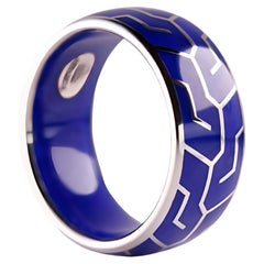 Retro Dynamic Fusion: Platinum & High-Tech Blue Ceramic Men's Ring