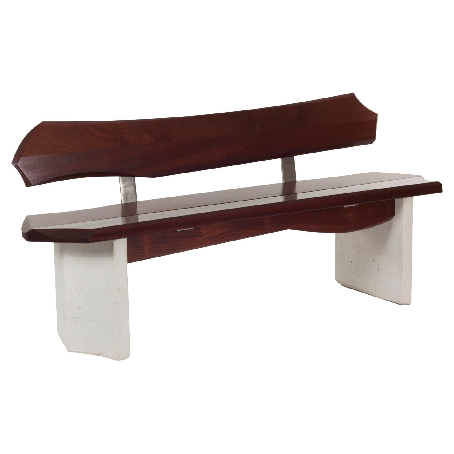 Dynamic Indoor Bench in White Cast Concrete and Oxidized Wood by Nico Yektai For Sale