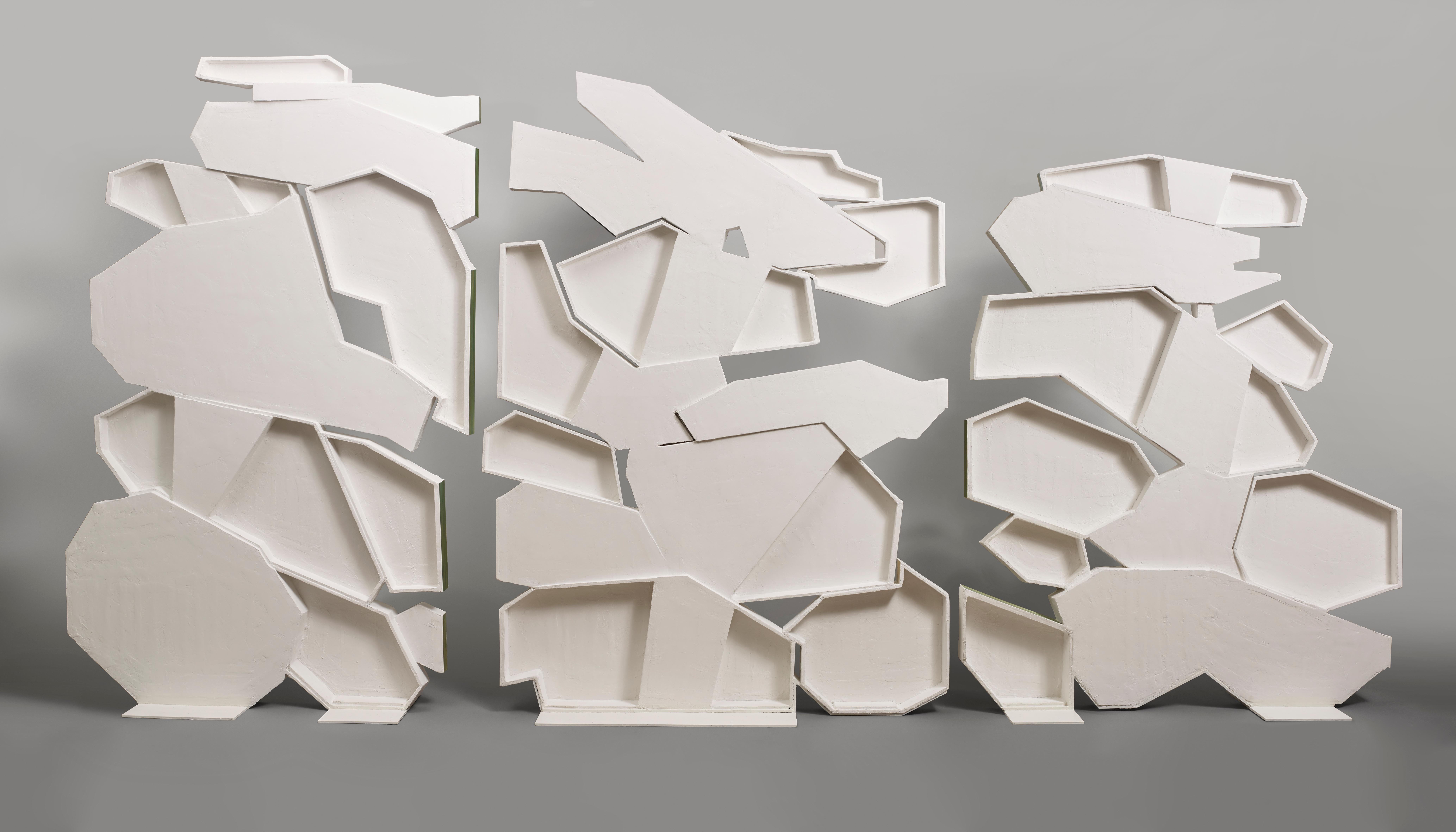 Franc¸ois Mascarello’s ‘Dynamic Landscape’ screen/room divider is five meters in length and composed of three freestanding panels that naturally interact, creating one unique piece. The dimensions of these panels are as follows: H 231 X L 160 X W 40