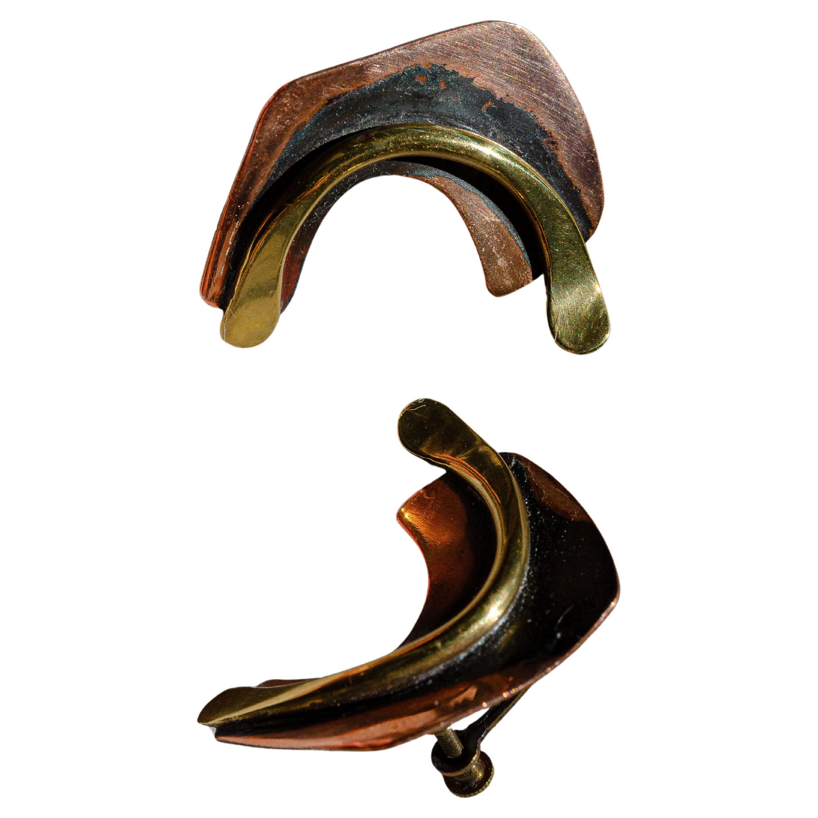 Dynamic Mid-Century Modernist Copper and Brass Biomorphic Earrings By Art Smith