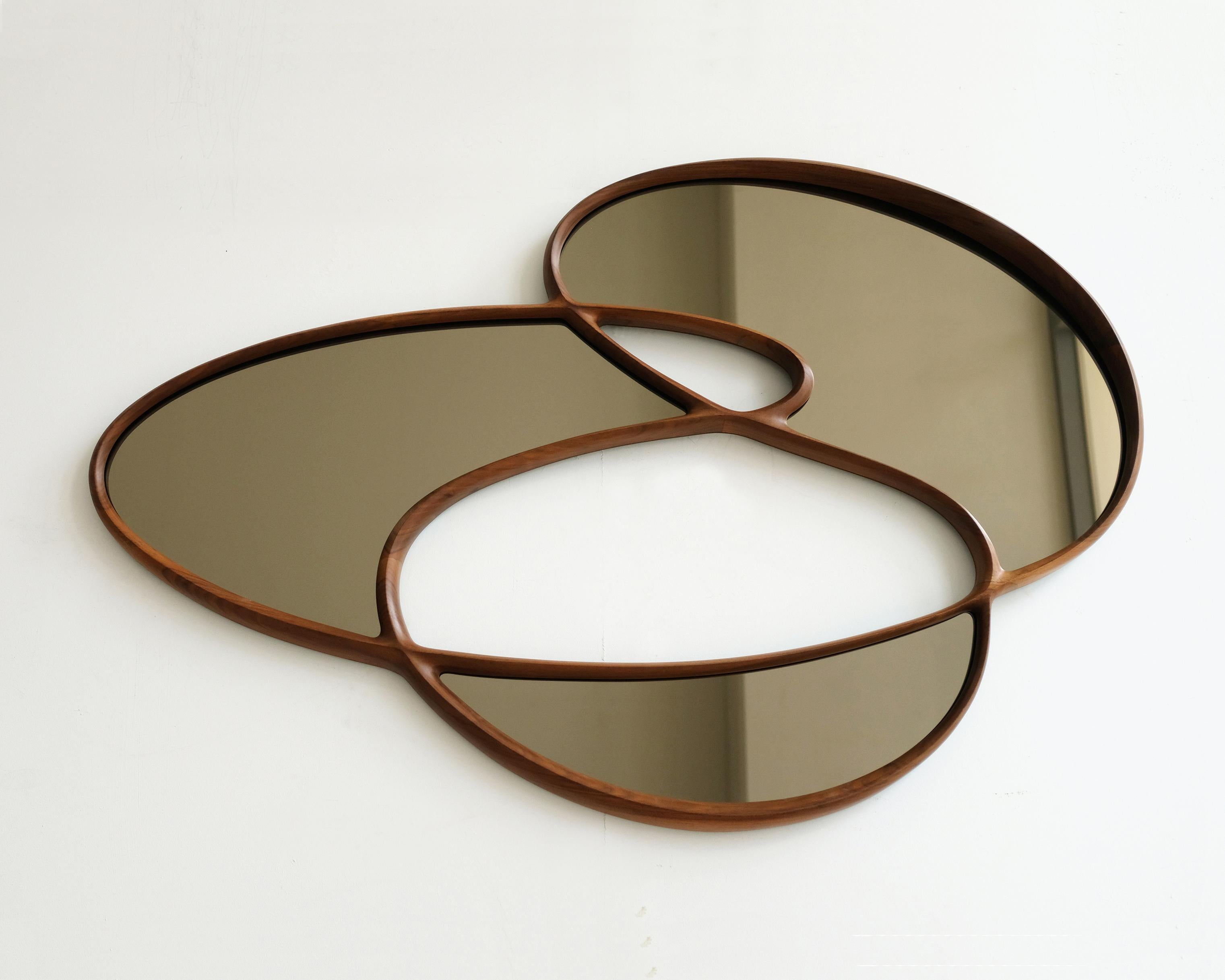 Mid-Century Modern Dynamic Mirror I by Soo Joo - Organic Asymmetric Wall Mirror in Walnut  For Sale
