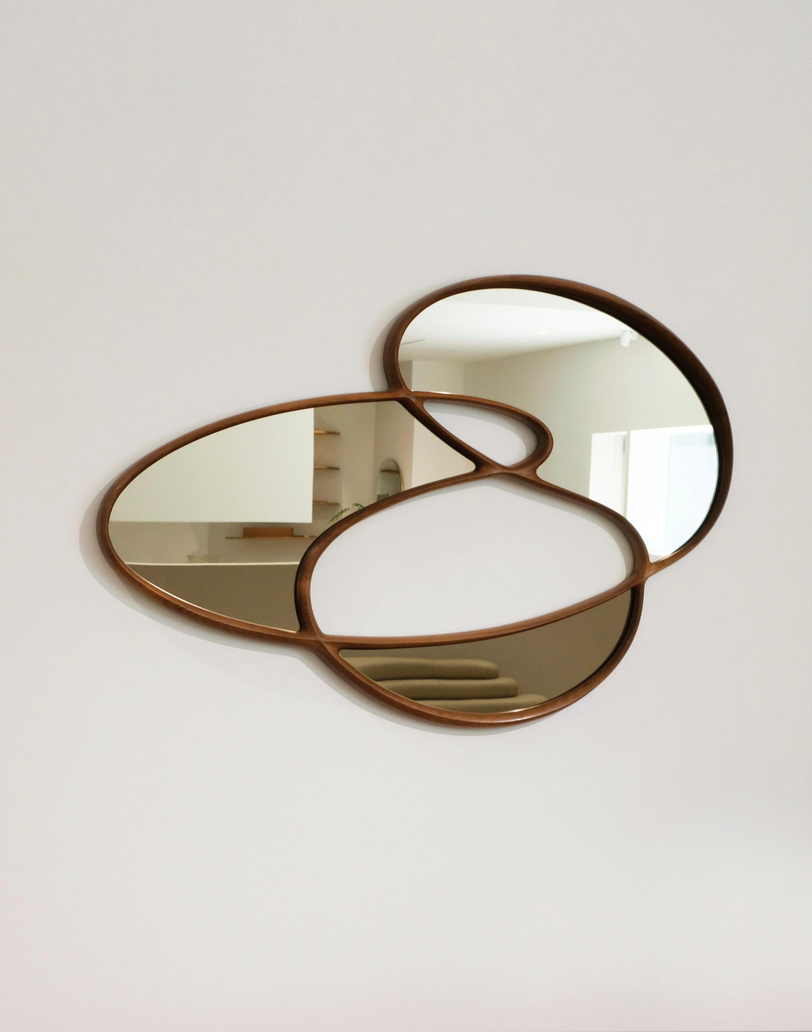 Dynamic Mirror I by Soo Joo - Organic Asymmetric Wall Mirror in Walnut  For Sale 1