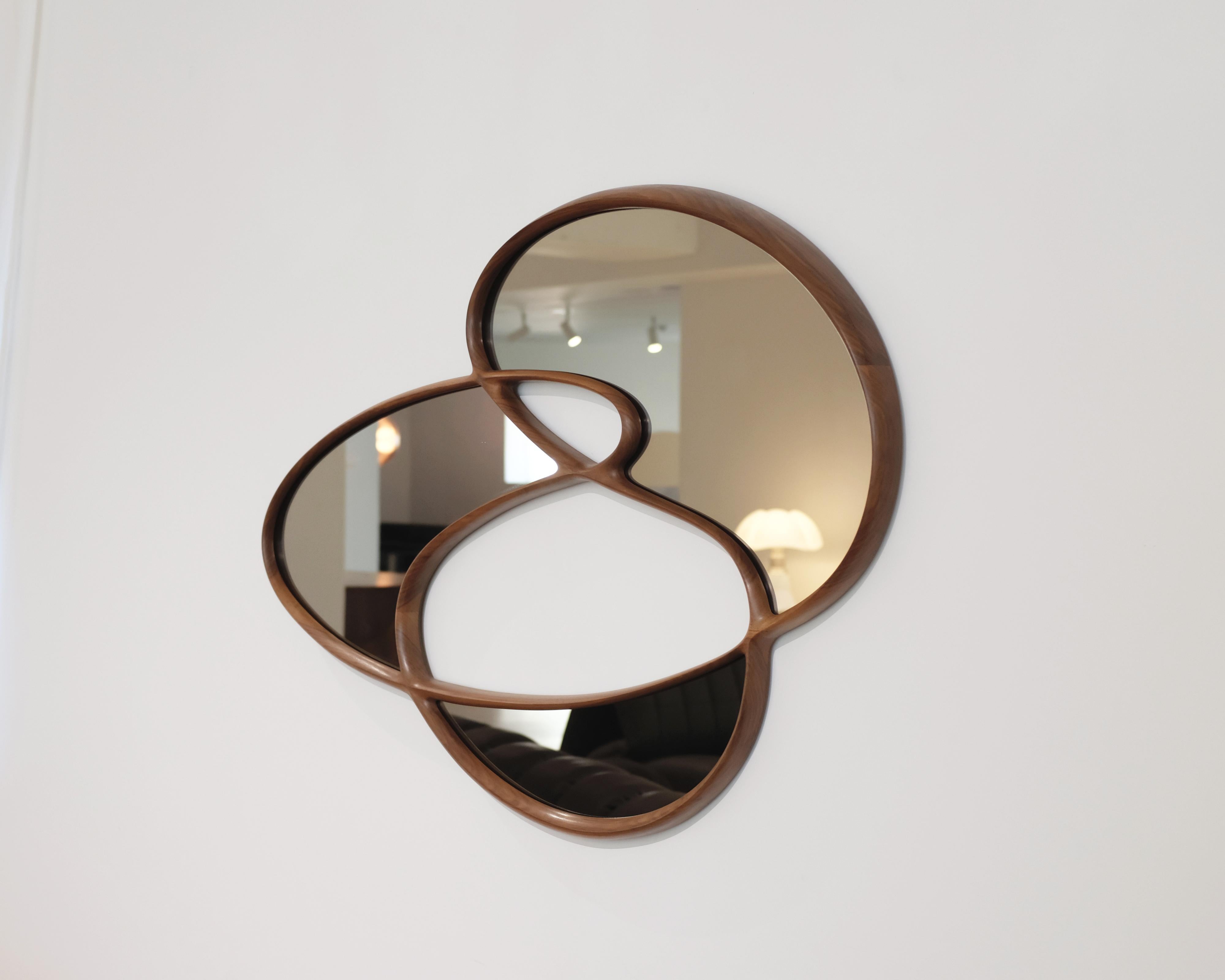 Dynamic Mirror I by Soo Joo - Organic Asymmetric Wall Mirror in Walnut  For Sale 2