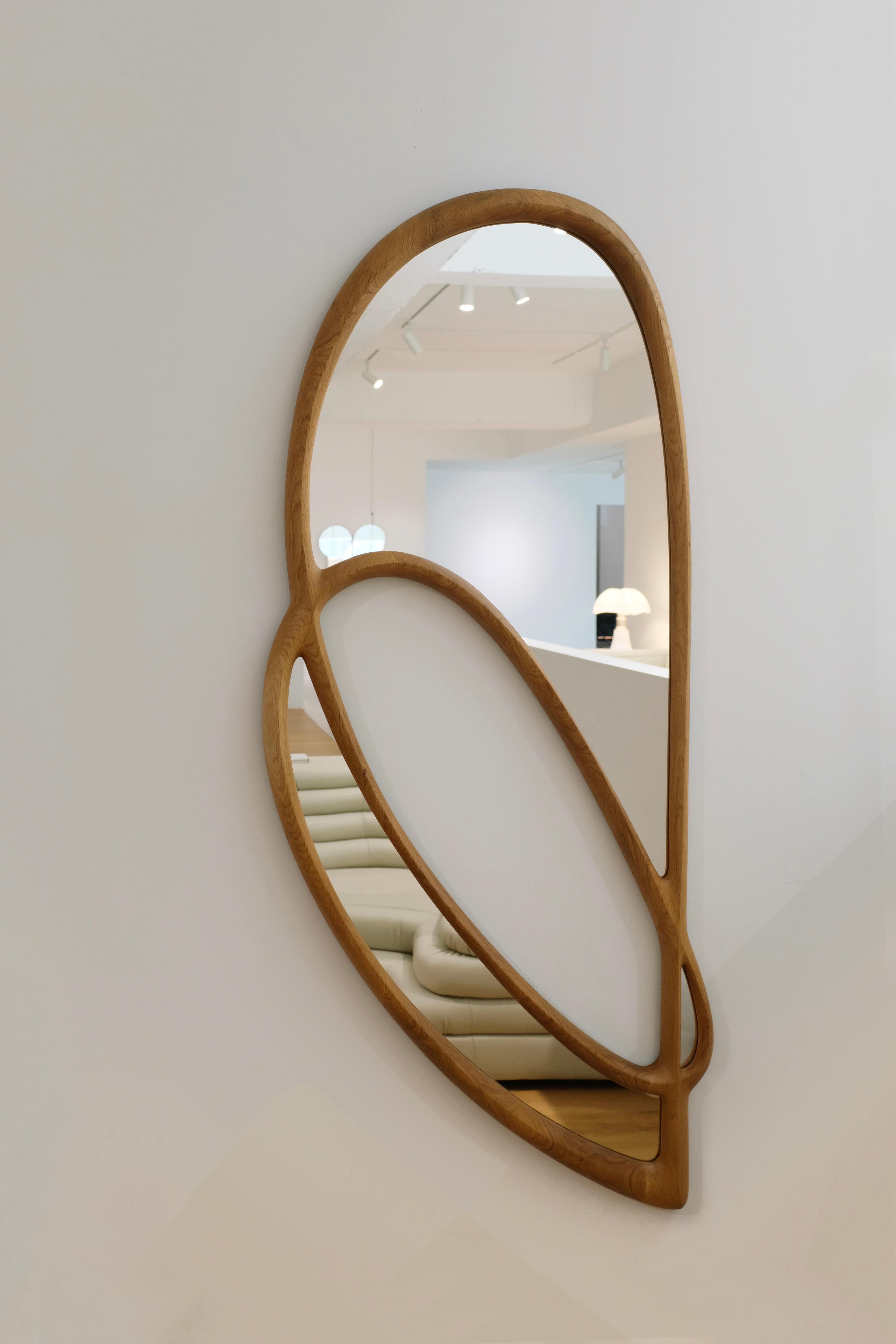Hand-Carved Dynamic Mirror II by Soo Joo - Asymmetric White Oak Mirror For Sale