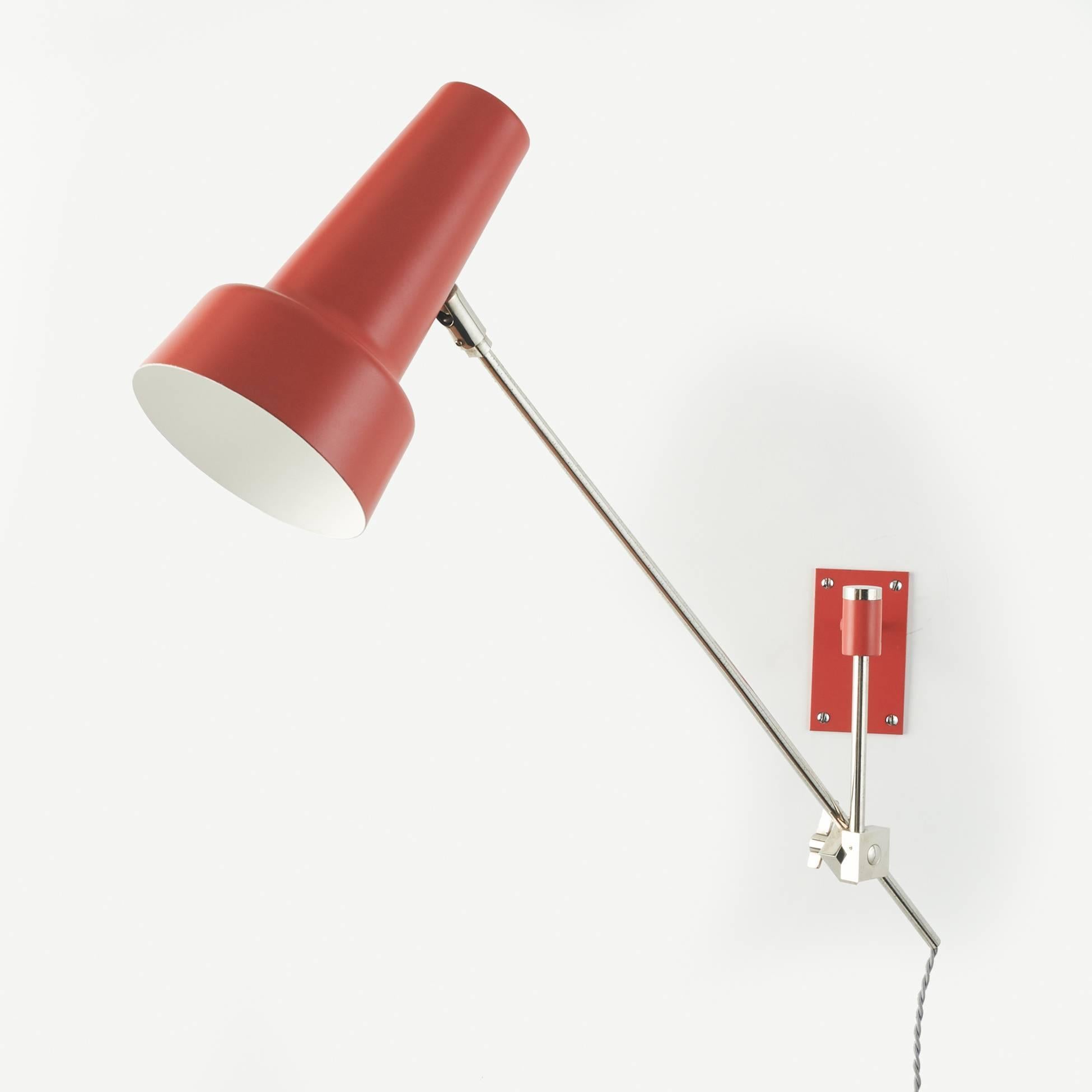 Late 20th Century Dynamic Red Stilnovo Style Swing Arm Sconce with Chromed Mounts, Italy 1970’s For Sale