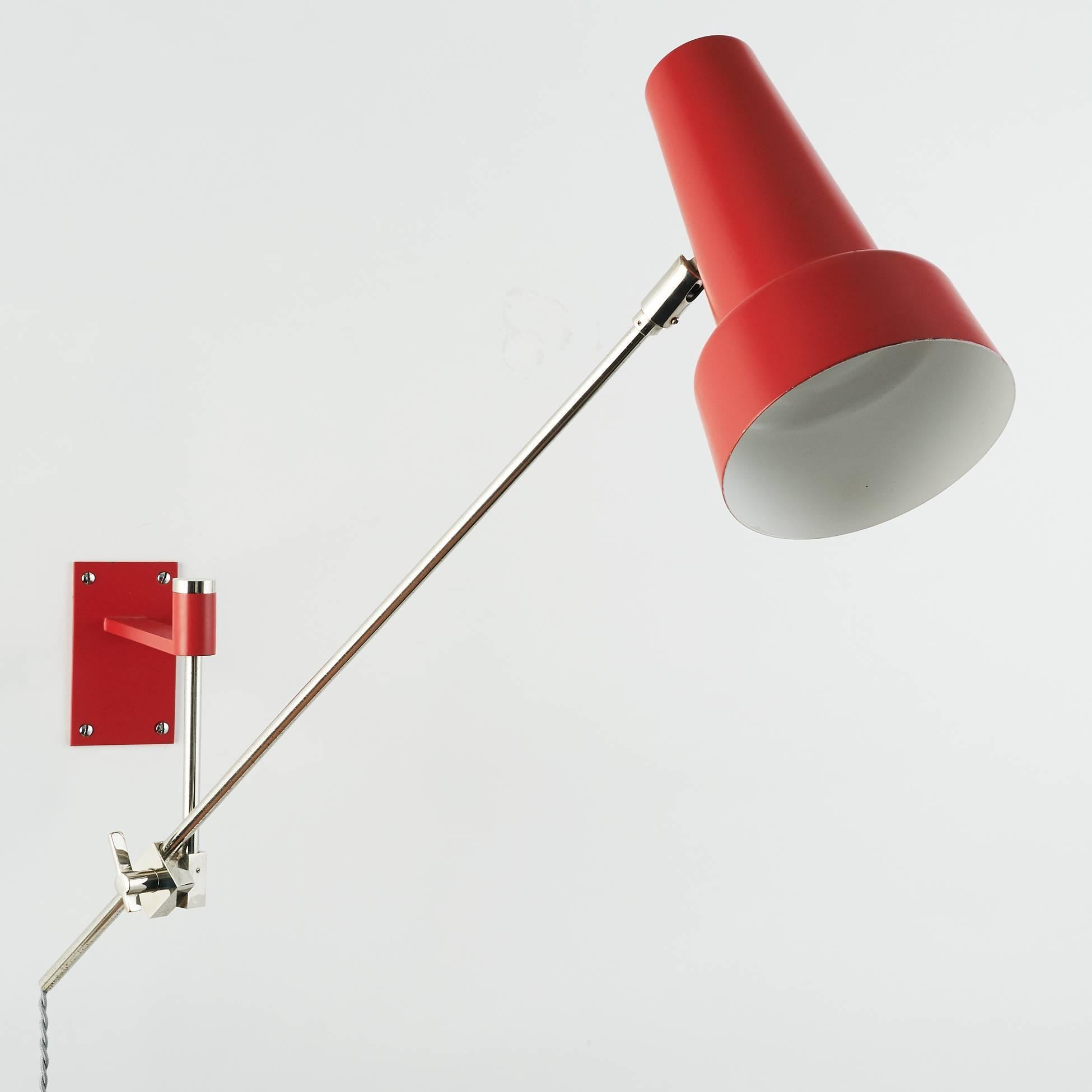 Metal Dynamic Red Stilnovo Style Swing Arm Sconce with Chromed Mounts, Italy 1970’s For Sale