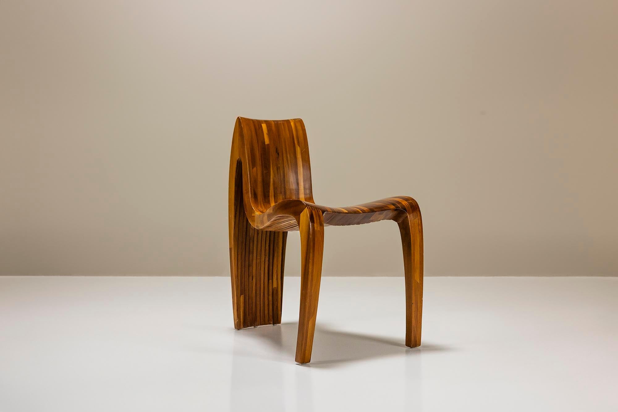 Late 20th Century Dynamic Three-Legged Side Chair In Wood in the style of Polyte Solet, France