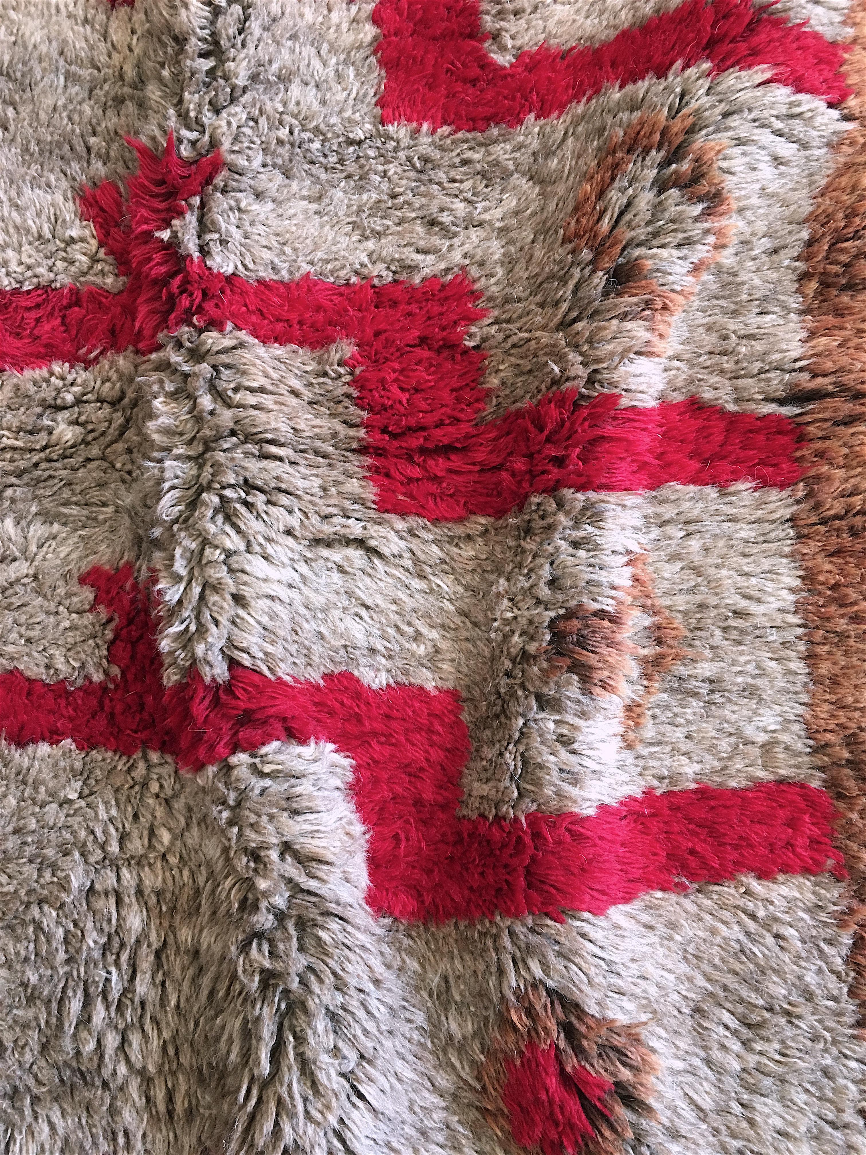 Hand-Woven Vintage Tulu Rug with Architectural Step Design in Red and Brown