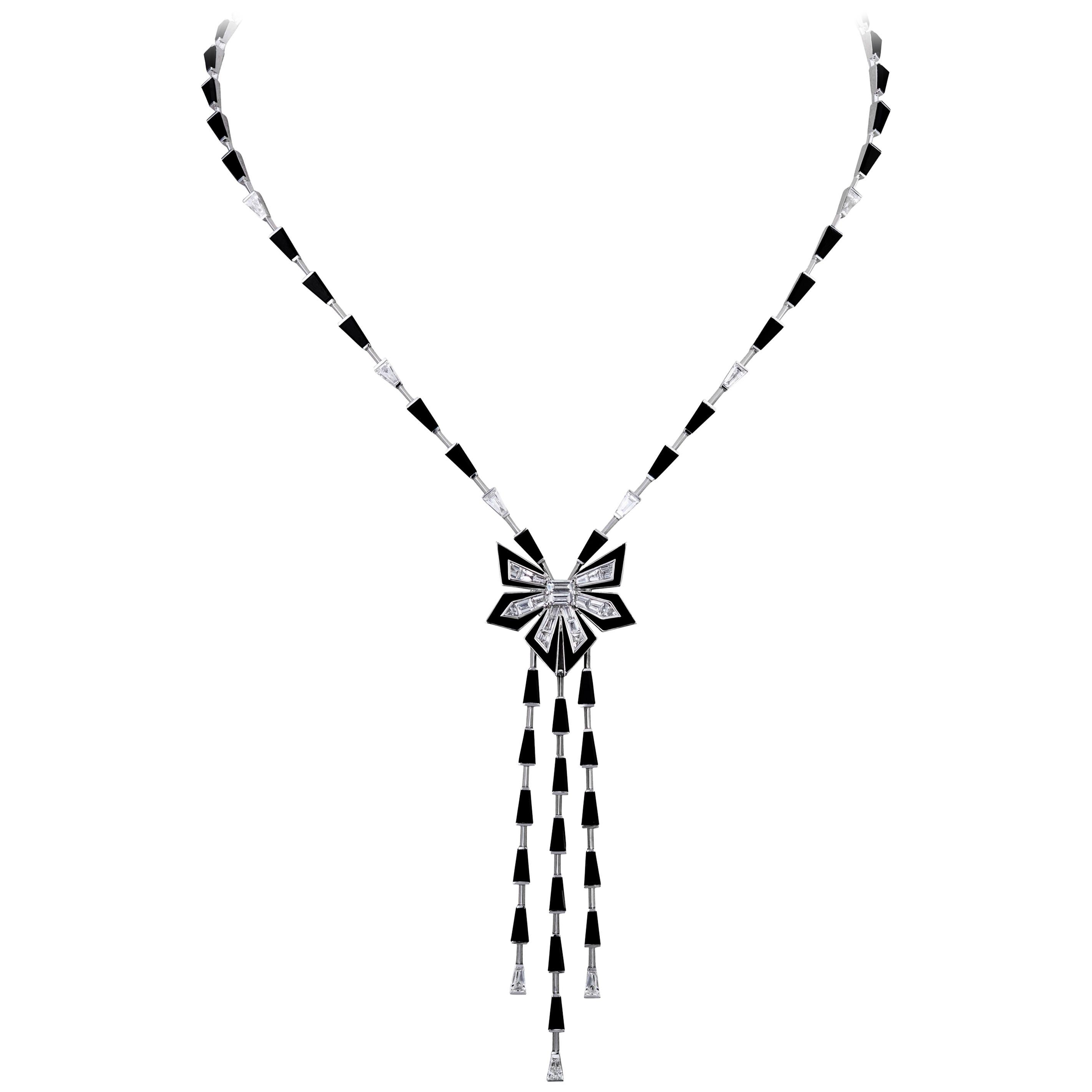 Captivating the asymmetrical forms of post-modernism architecture, Stephen Webster introduces the versatile Dynamite Cascade Necklace. Set in 18 karat white gold, with tapered white diamond baguettes and white diamond trillions (2.05 carats)