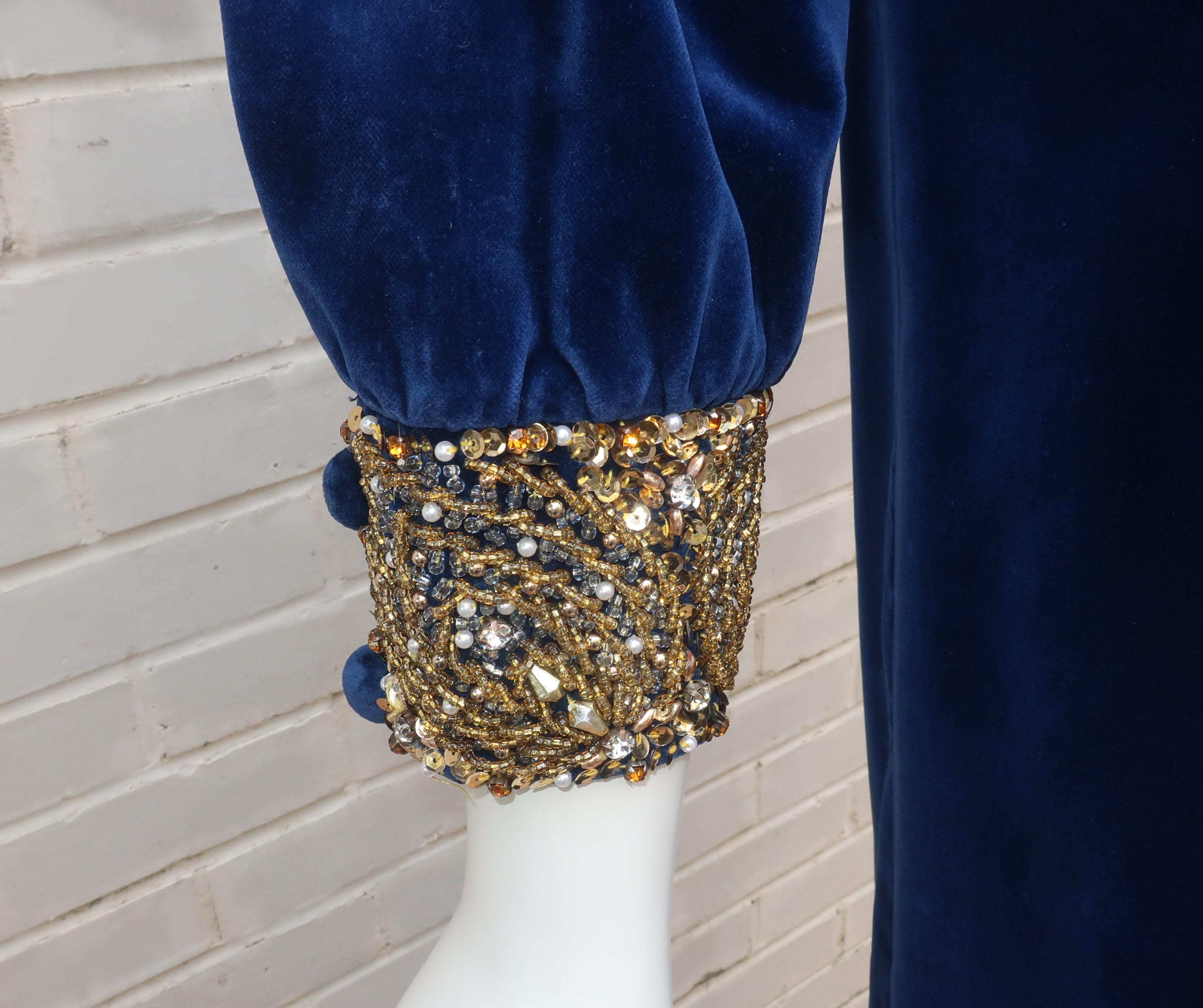 Women's Dynasty Blue Velvet Beaded Pant Suit, 1960's