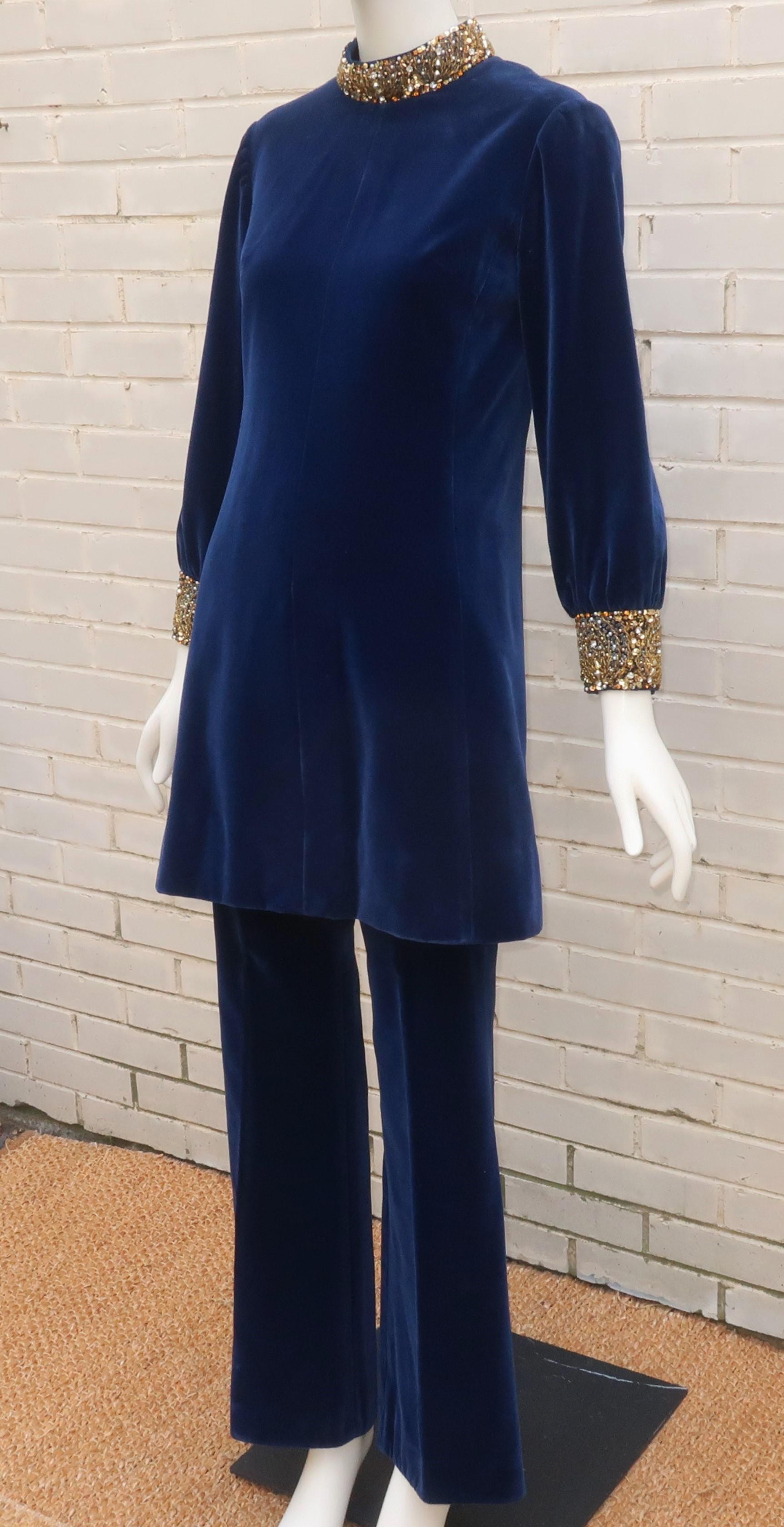 Dynasty Blue Velvet Beaded Pant Suit, 1960's 1