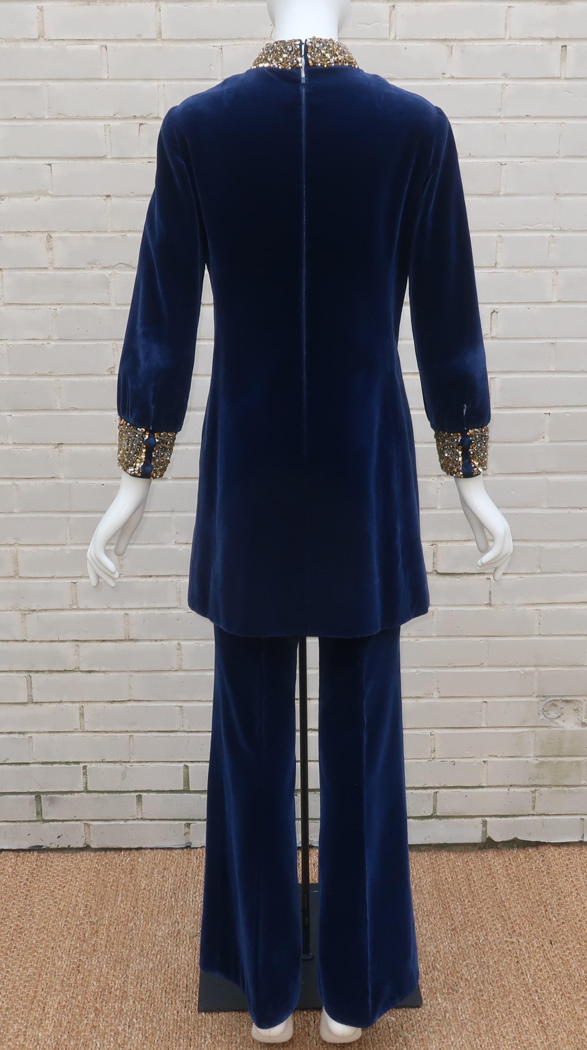 Dynasty Blue Velvet Beaded Pant Suit, 1960's 3