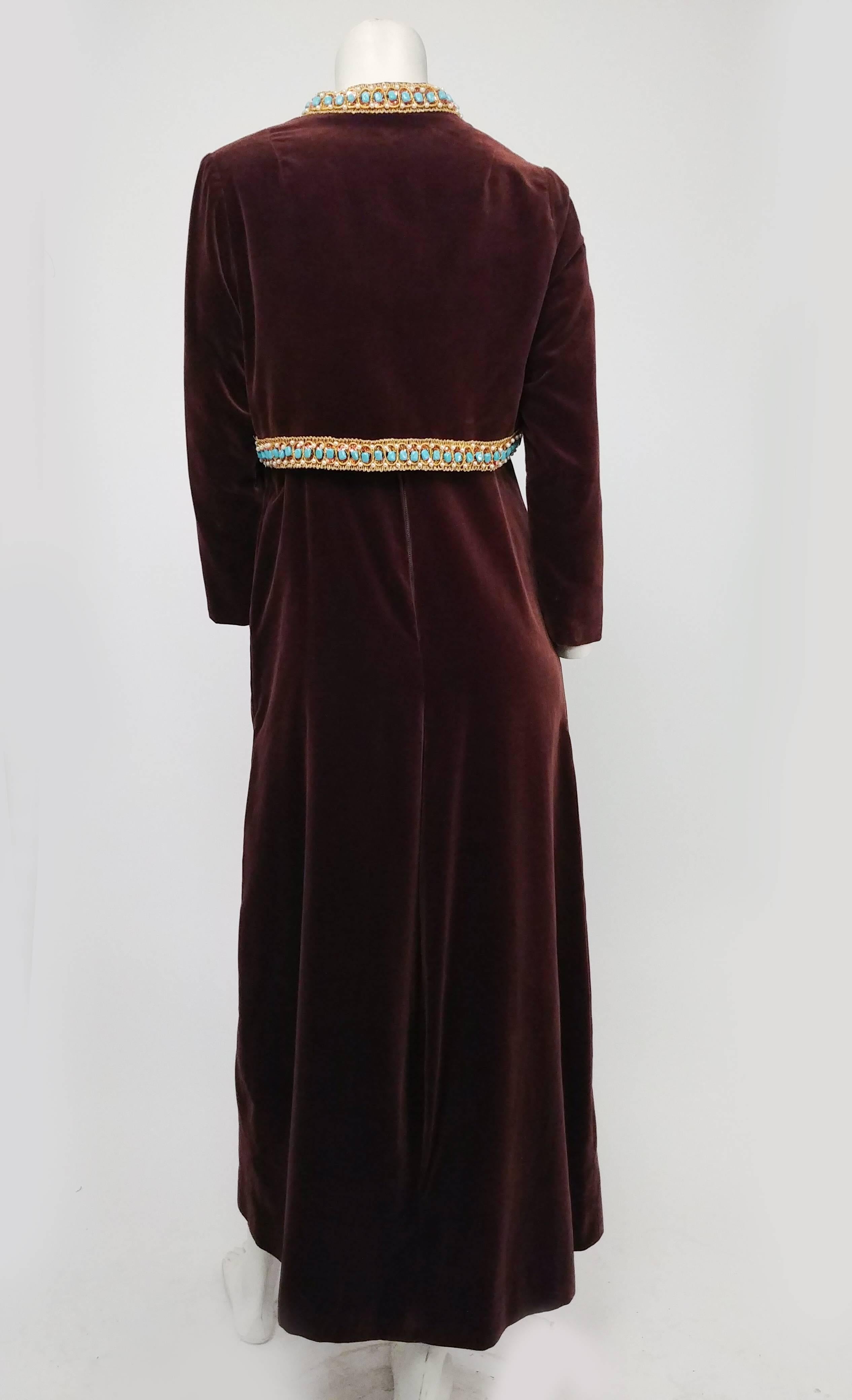 Black Dynasty Brown Velvet Beaded Maxi Dress & Bolero, 1960s