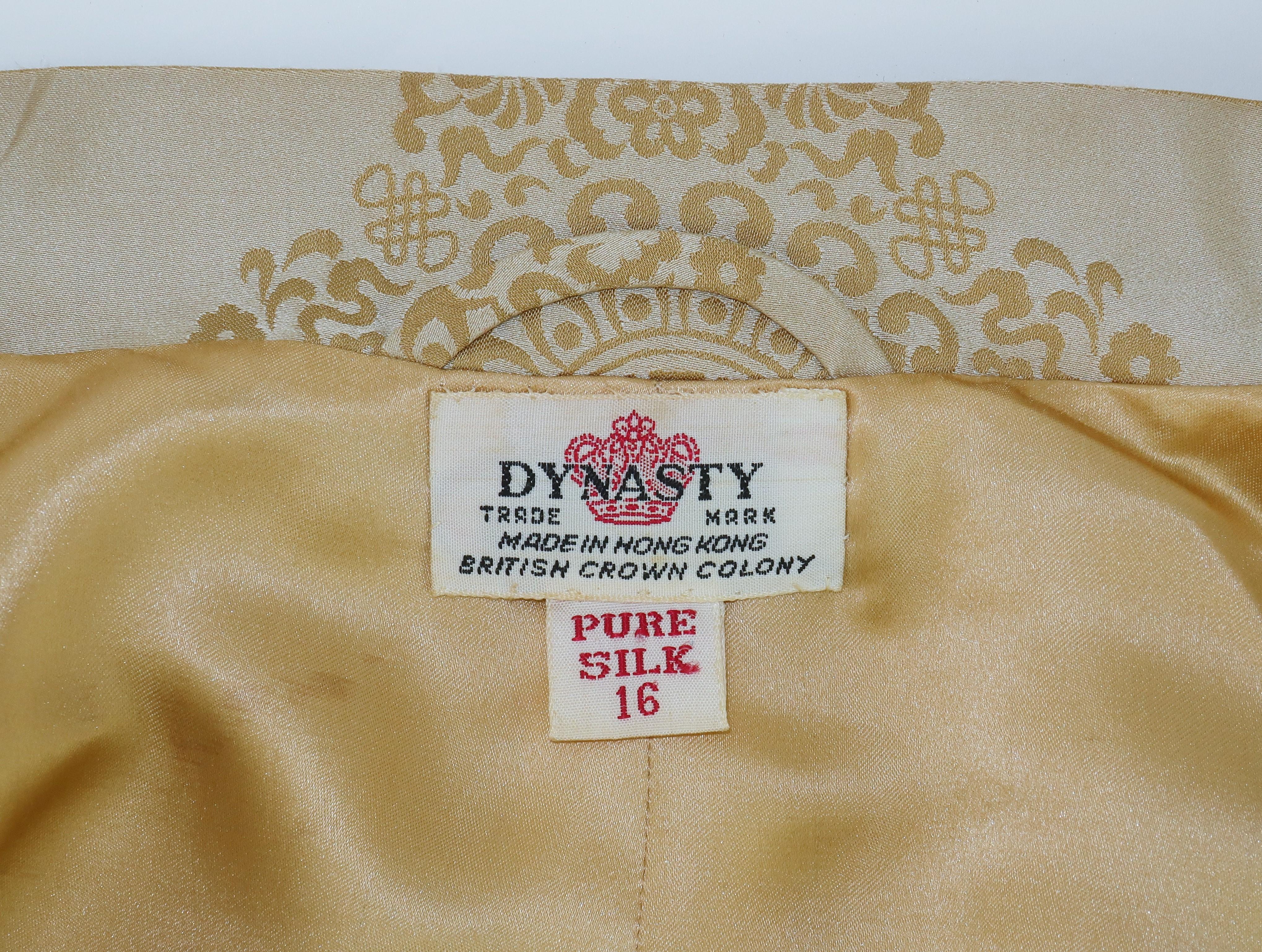Dynasty Champagne Silk Jacquard Asian Dress Coat Robe, 1950's  4