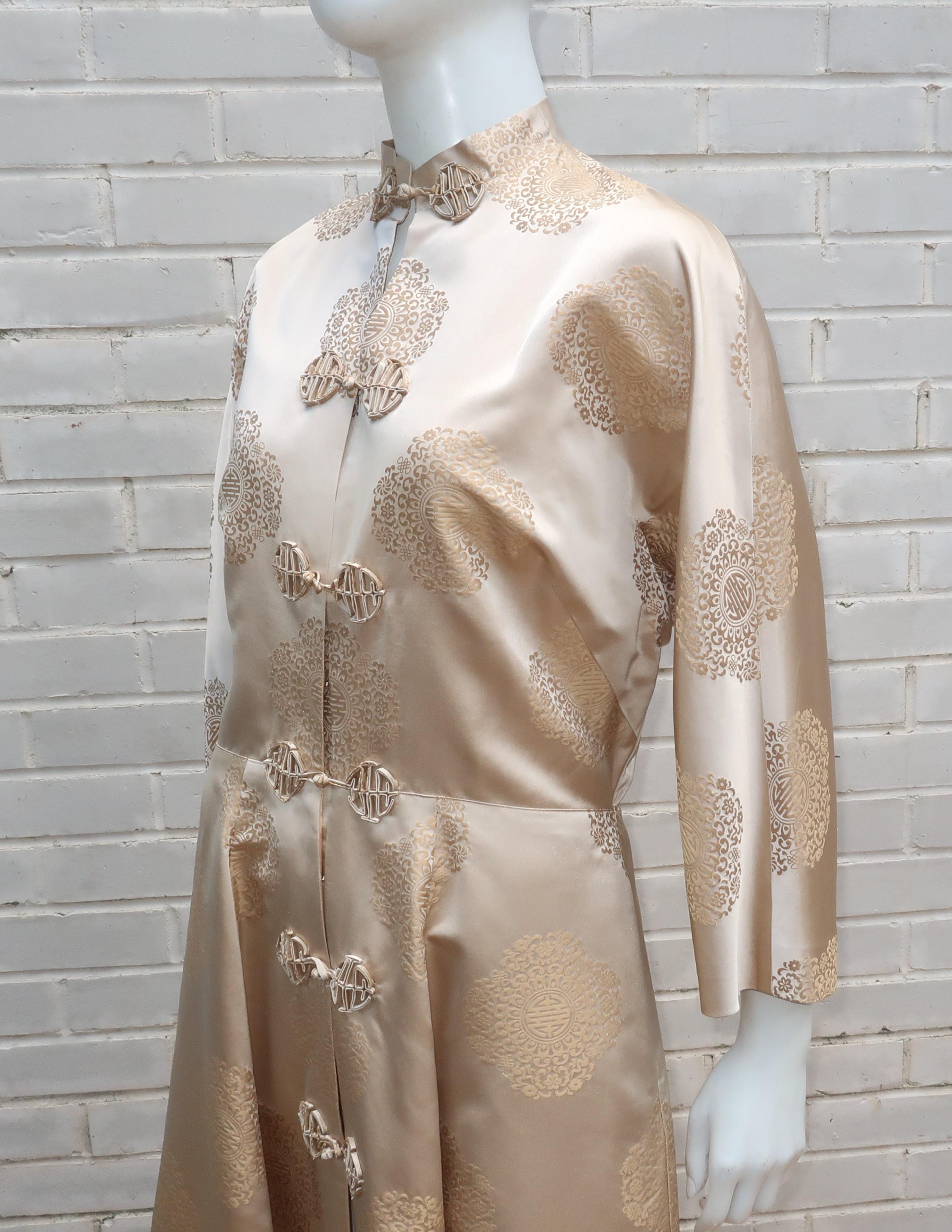 Dynasty Champagne Silk Jacquard Asian Dress Coat Robe, 1950's  2