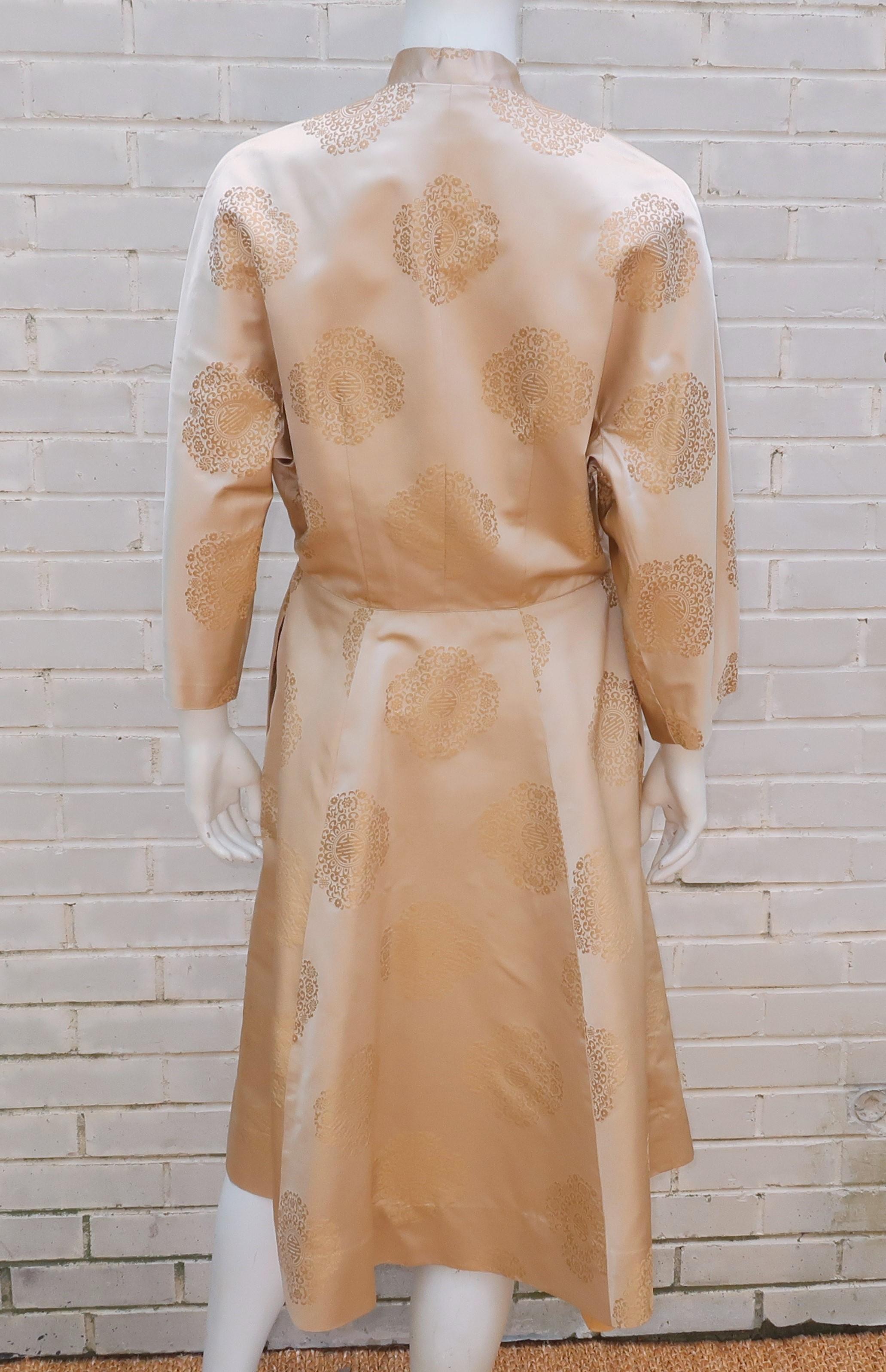 Dynasty Champagne Silk Jacquard Asian Dress Coat Robe, 1950's  3