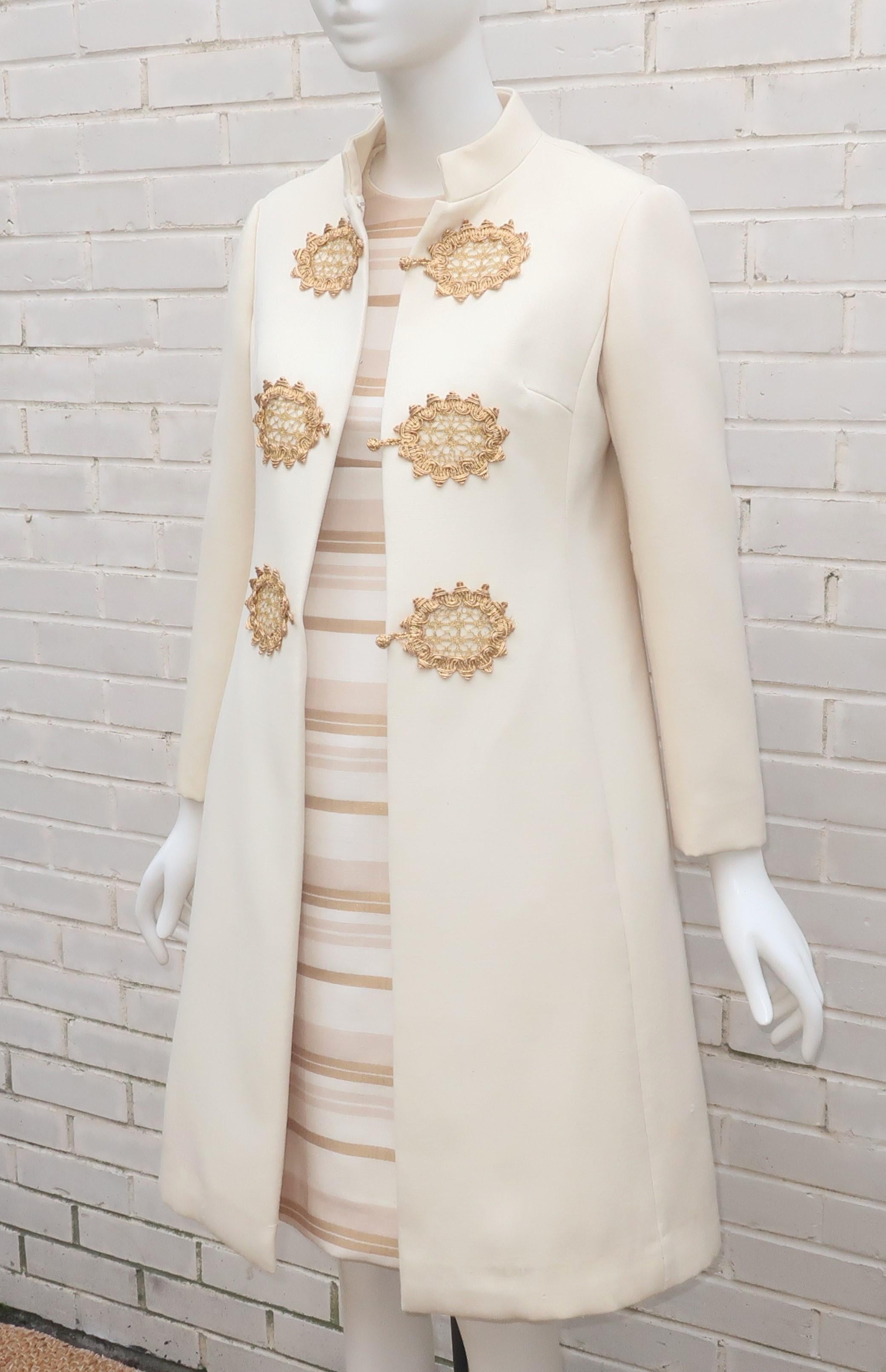 Beige Dynasty Winter White & Gold Dress & Coat Ensemble, 1960's For Sale