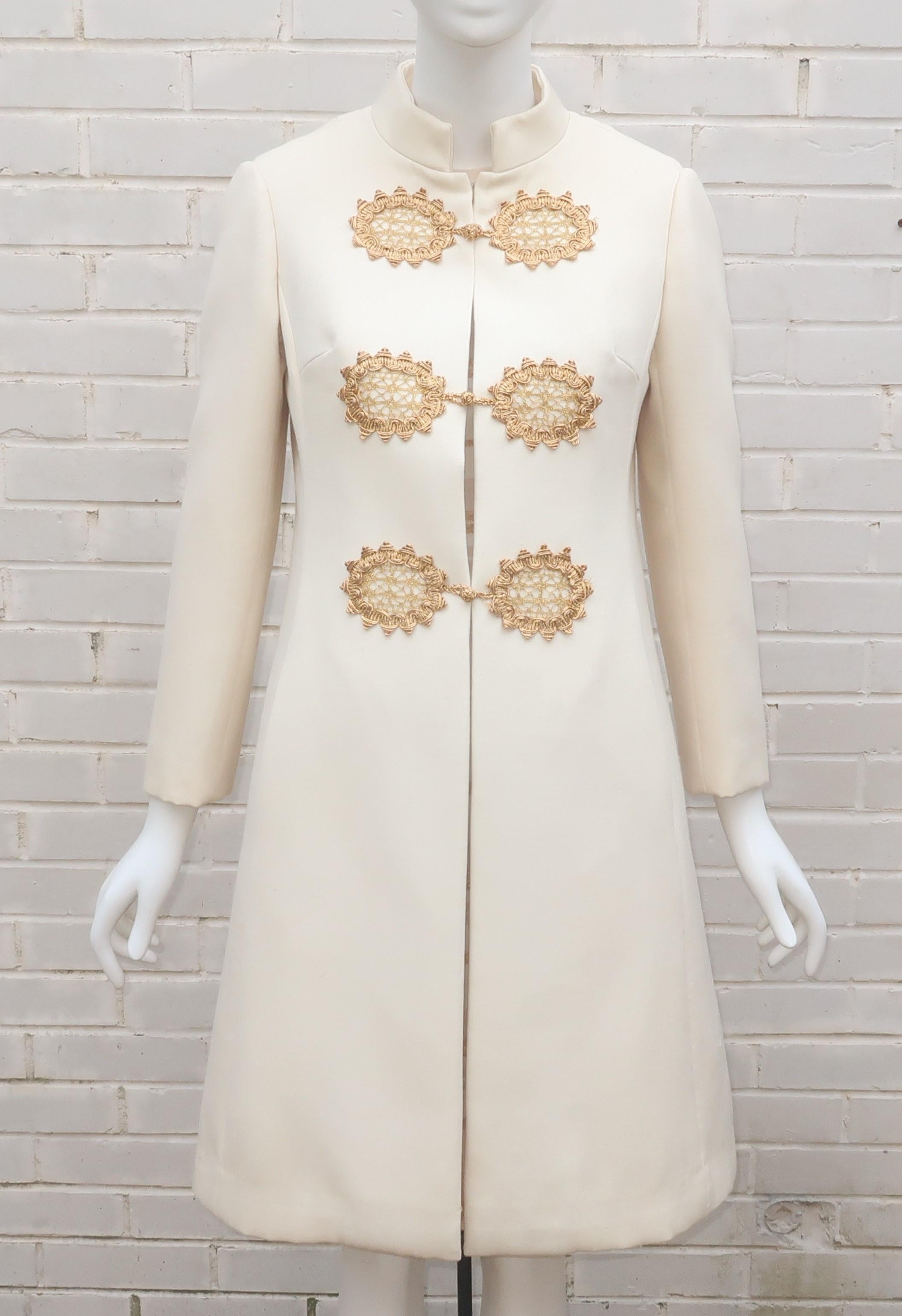 Women's Dynasty Winter White & Gold Dress & Coat Ensemble, 1960's For Sale